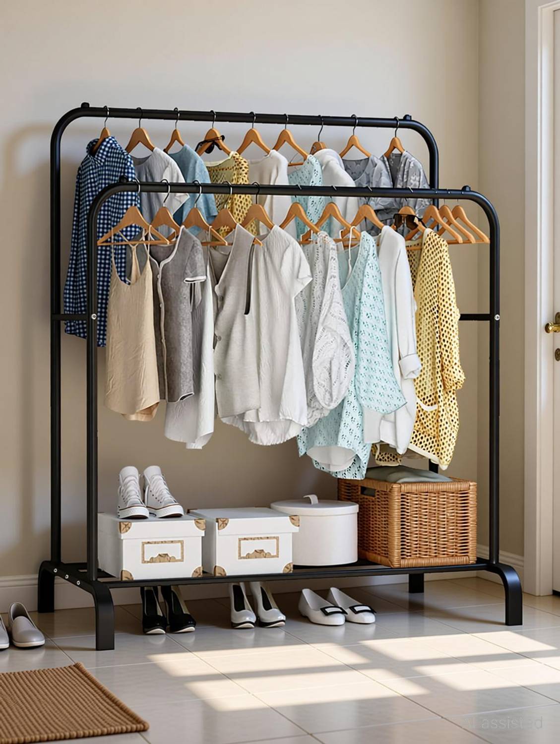 BUCKETLIST Steel Floor Cloth Dryer Stand Metal Garment Rack Top Rod and Lower Storage Shelf with Hooks