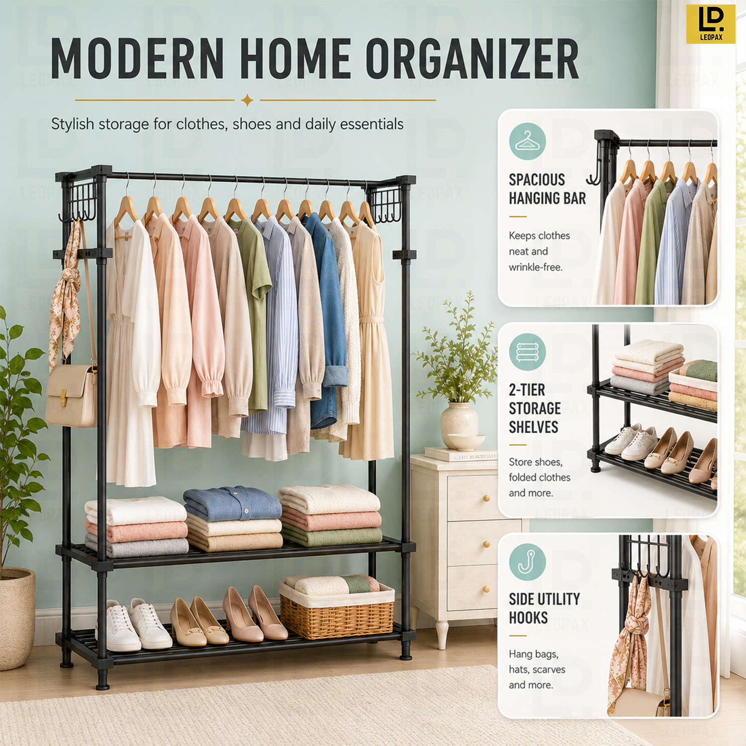 Image of LEOPAX Aluminium Floor Cloth Dryer Stand Heavy Duty Metal Garment Rail with 8 Hooks for Bedroom, Living Room and Entryway