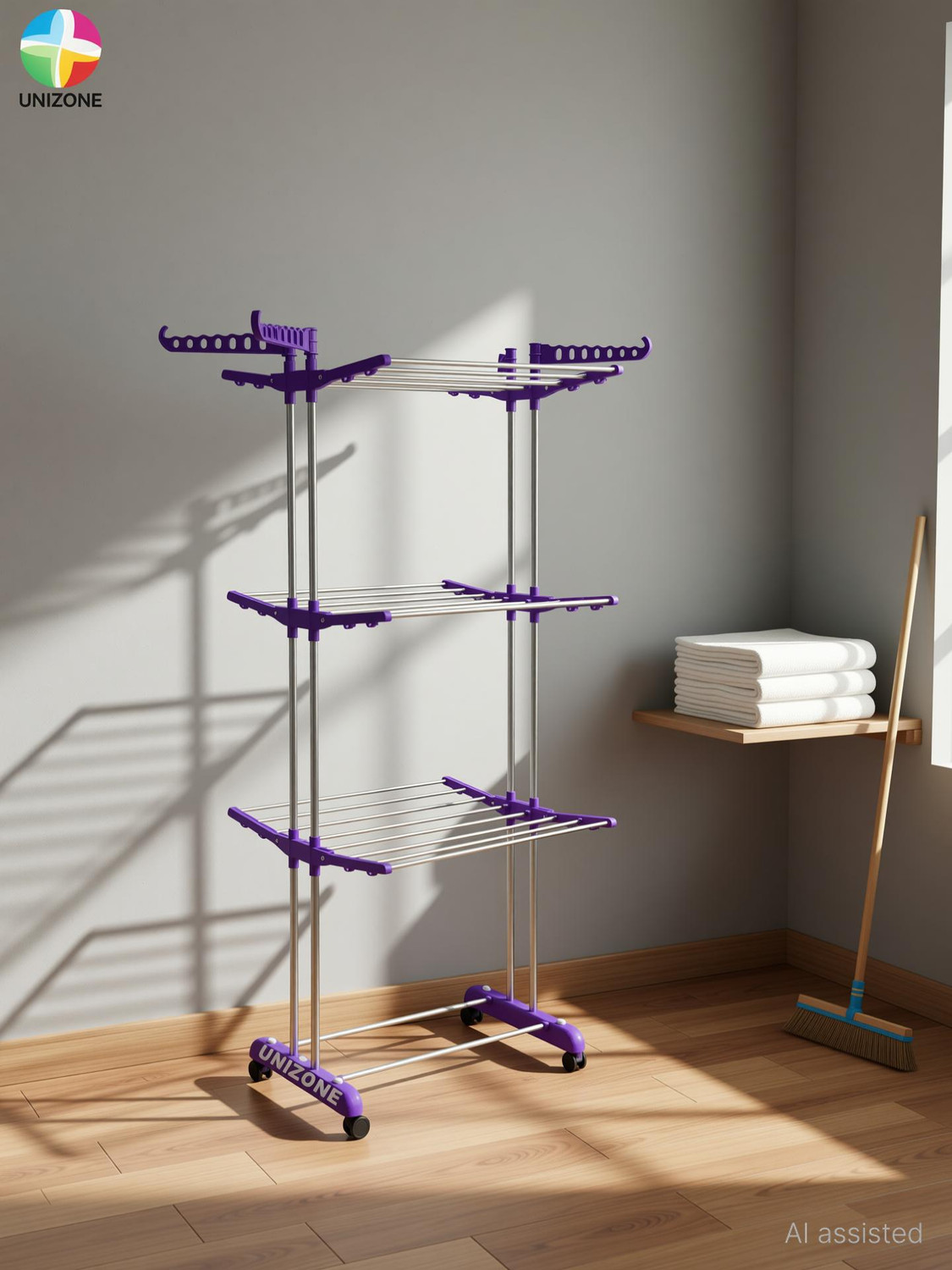 Image of Unizone Steel, Plastic Floor Cloth Dryer Stand Foldable Cloth Dryer Stand 12 Month Warranty Made Of Stainless Steel