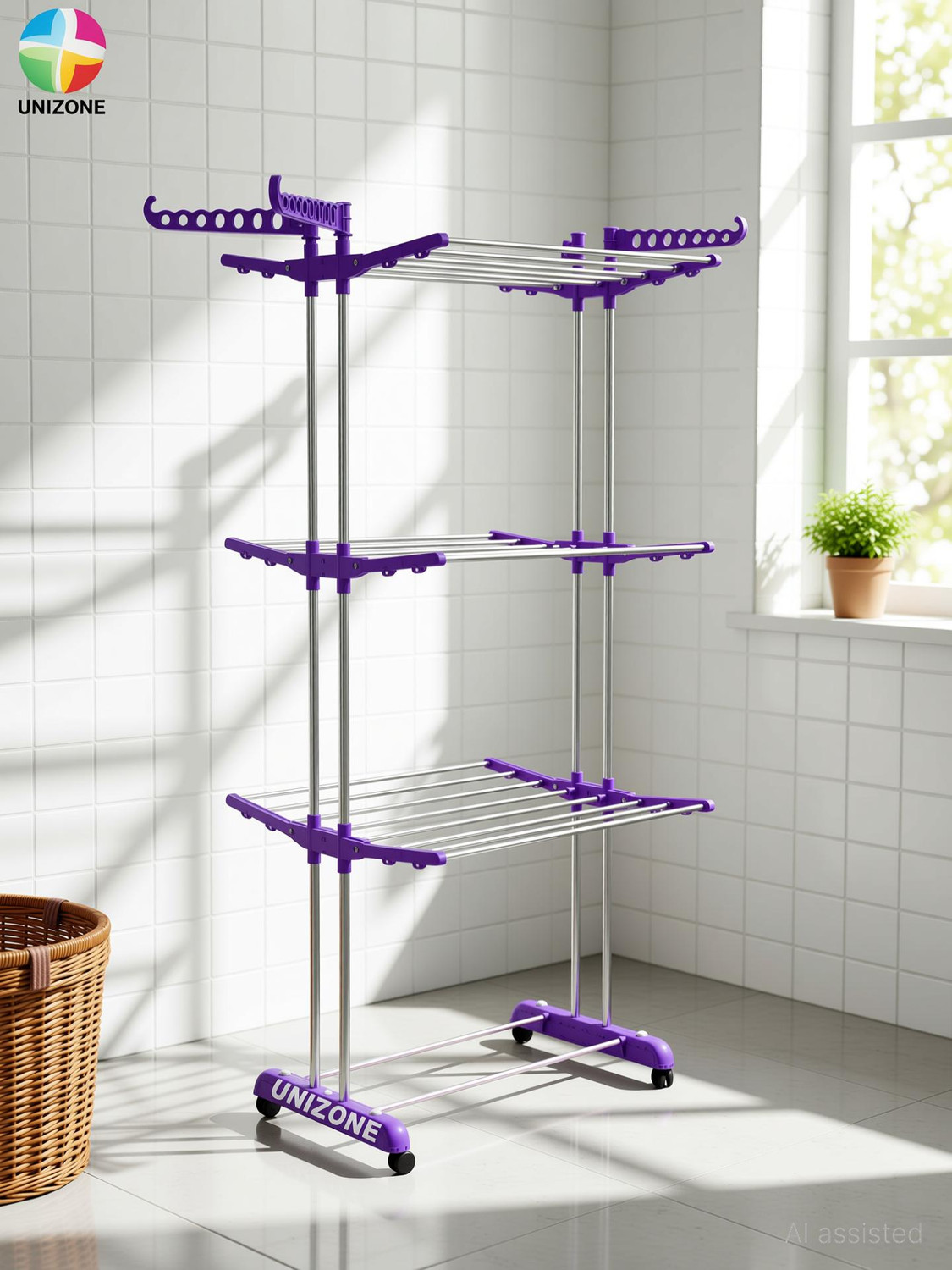 Image of Unizone Steel, Plastic Floor Cloth Dryer Stand Foldable Cloth Dryer Stand 12 Month Warranty Made Of Stainless Steel