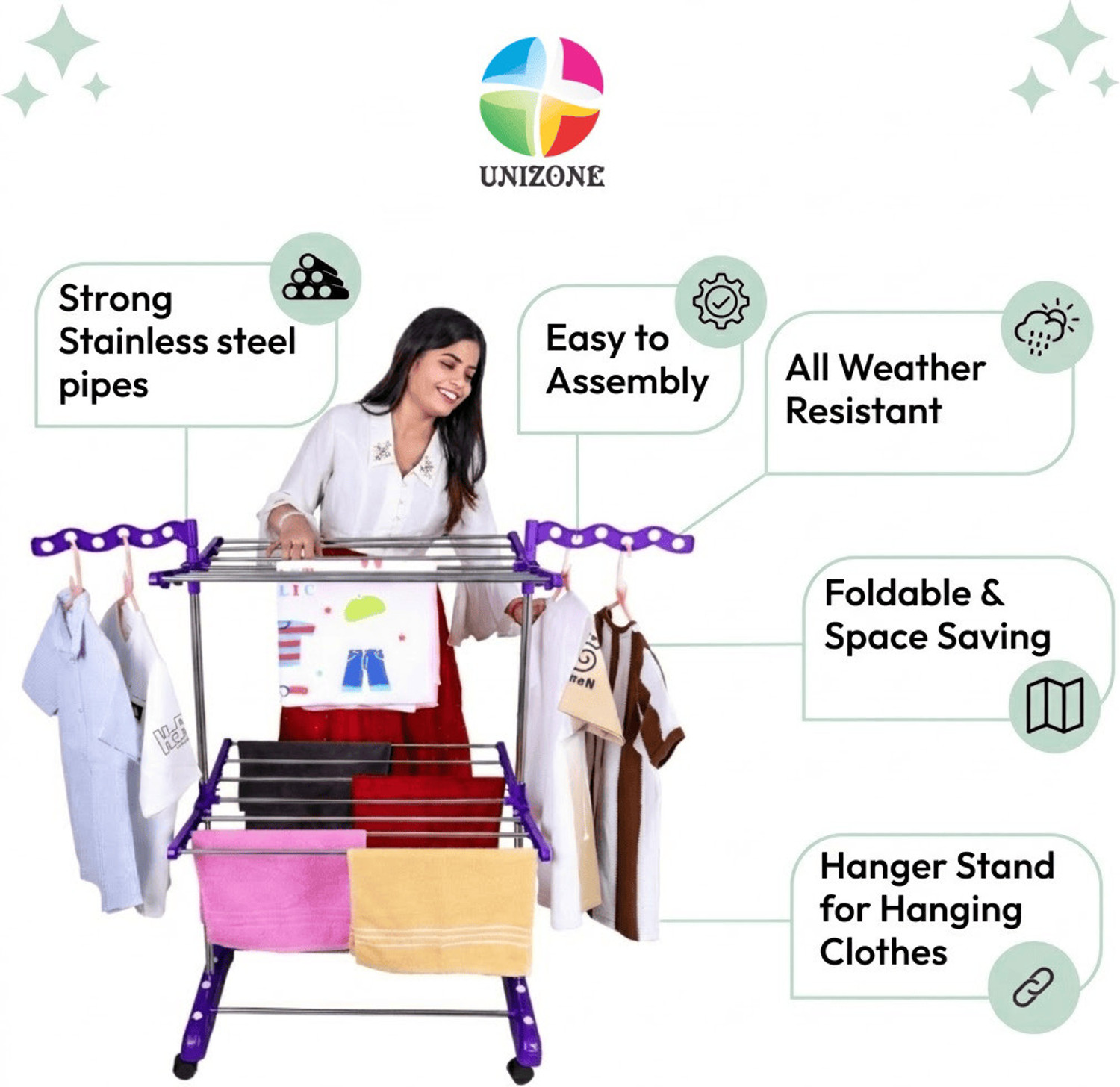 Image of Unizone Steel, Aluminium, Plastic Floor Cloth Dryer Stand SS Premium Compact Space Saving Foldable - US2002 Single Poll