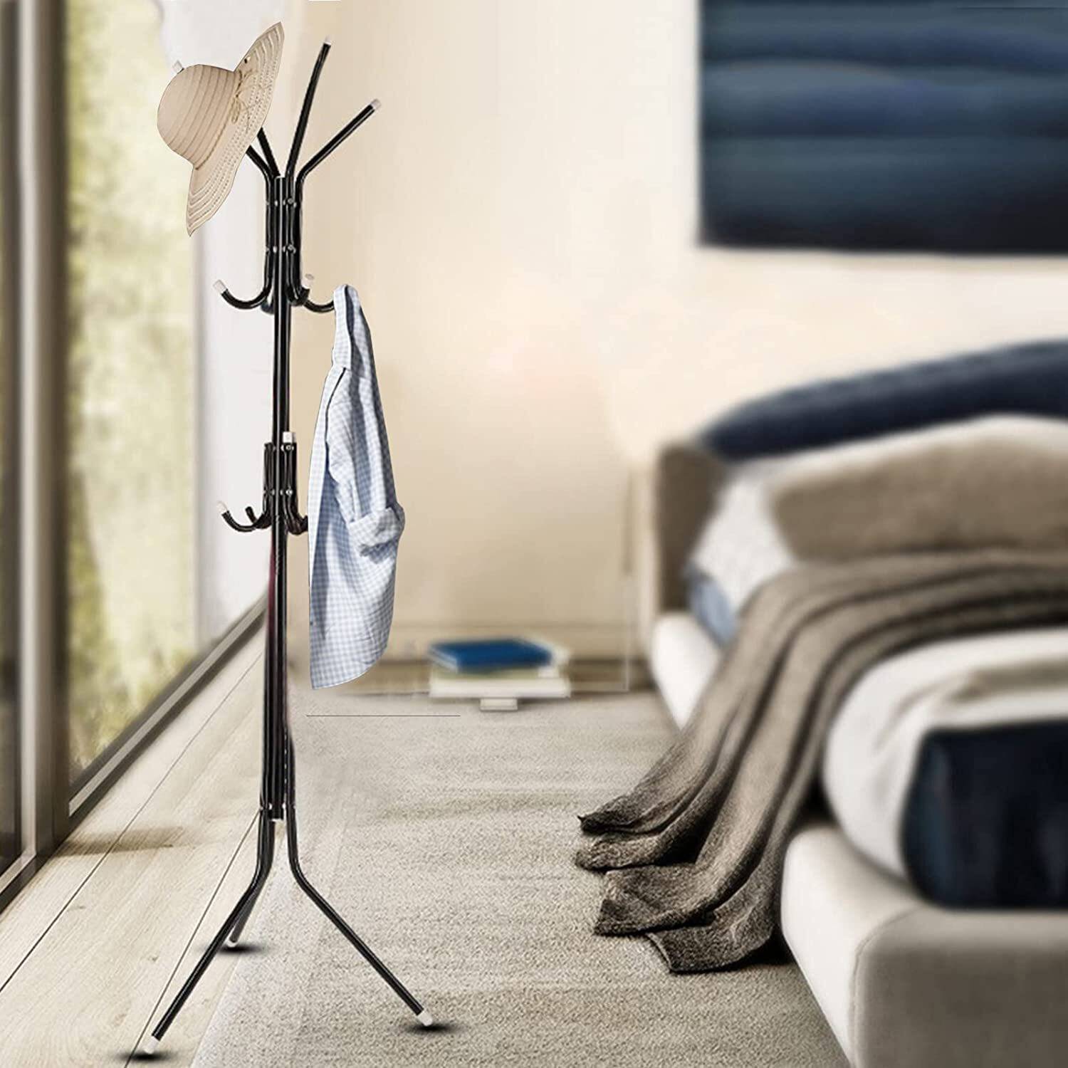 HOUSE OF QUIRK Aluminium Floor Cloth Dryer Stand 12 Hooks Hat Rack for Hanging Bags Scarves Clothes Handbag-Black