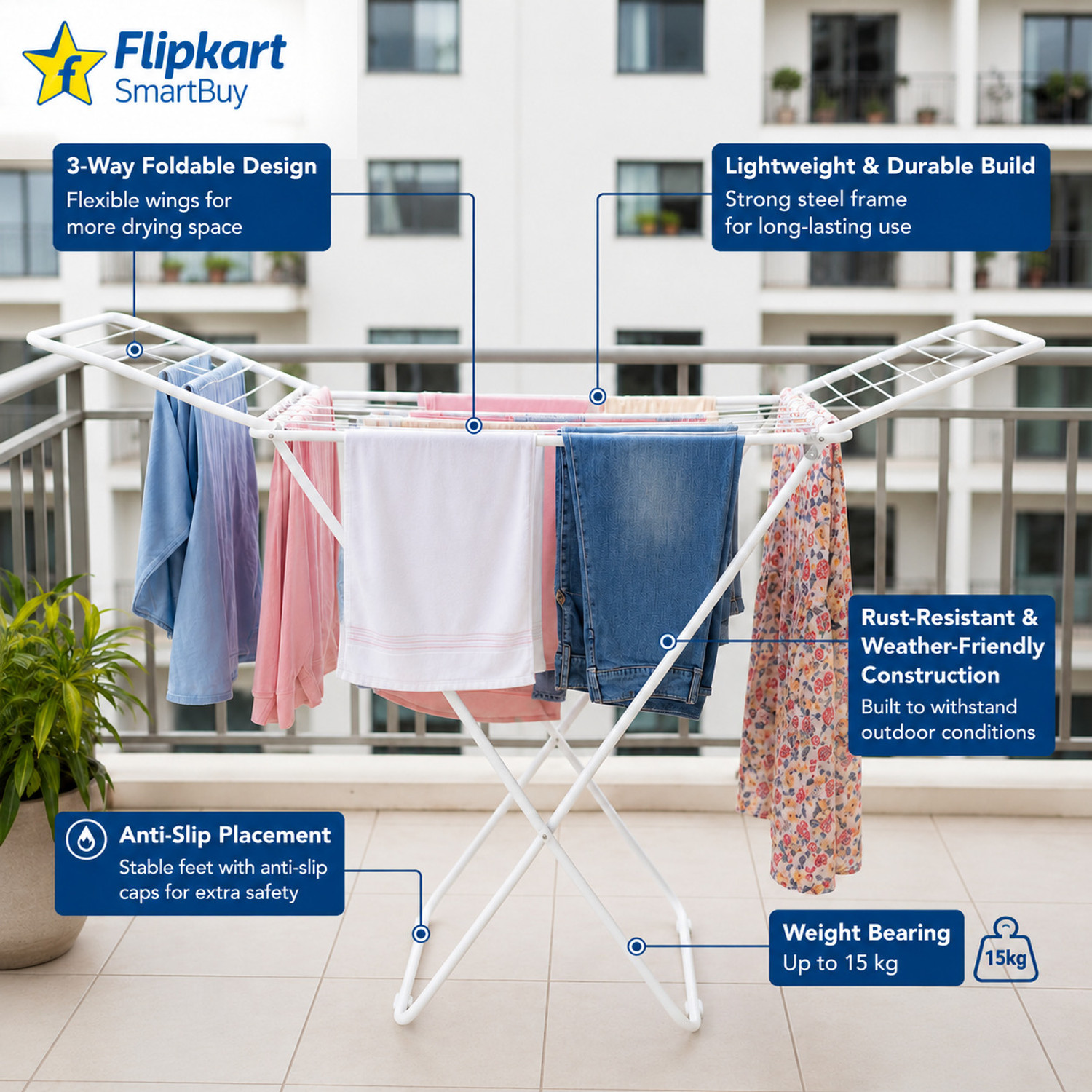 Image of Flipkart SmartBuy Steel Floor Cloth Dryer Stand Perfect Use for Balcony and Indoor Laundry Racks for Drying Clothes
