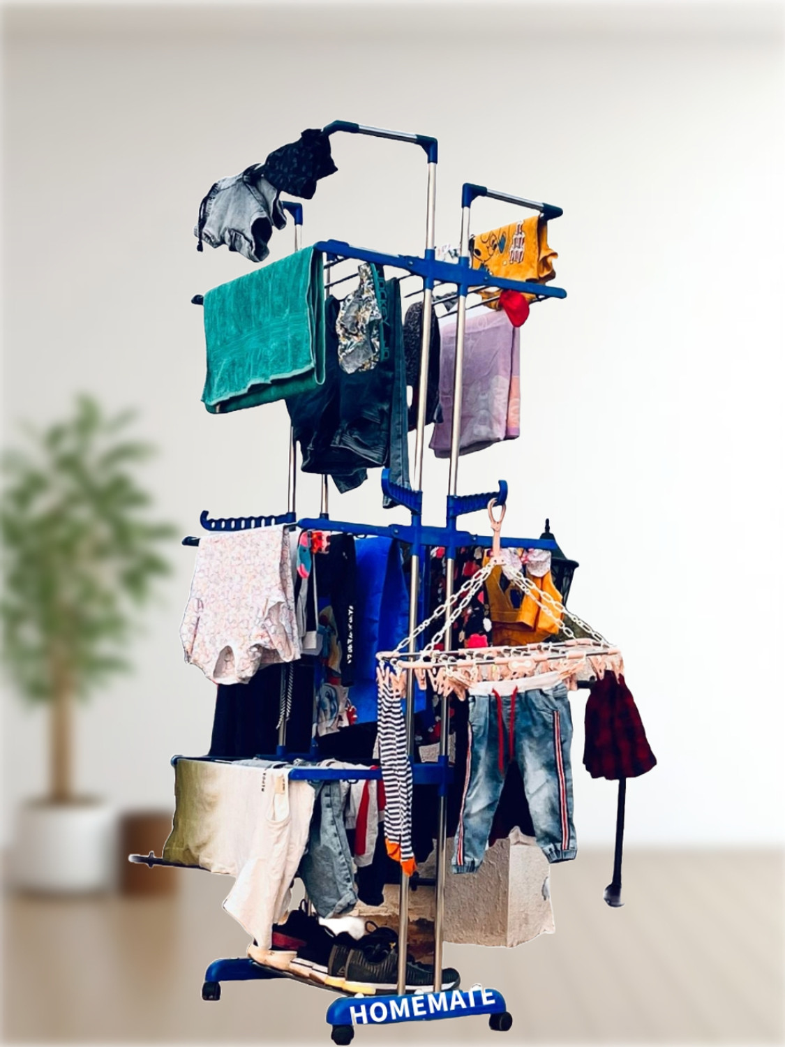 Image of HomeMate Plastic, Steel Floor Cloth Dryer Stand Made InIndia Jumbo Doubl Pol 3Tier Stainless steel Movable& foldable Cloth Stand