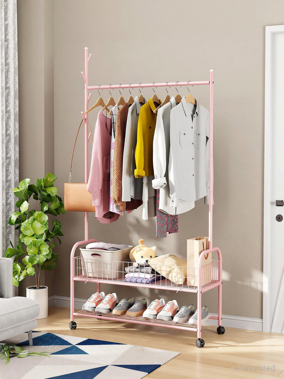 Image of LUKZER Steel Floor Cloth Dryer Stand MGR-002-Pink-2 Bottom Mesh