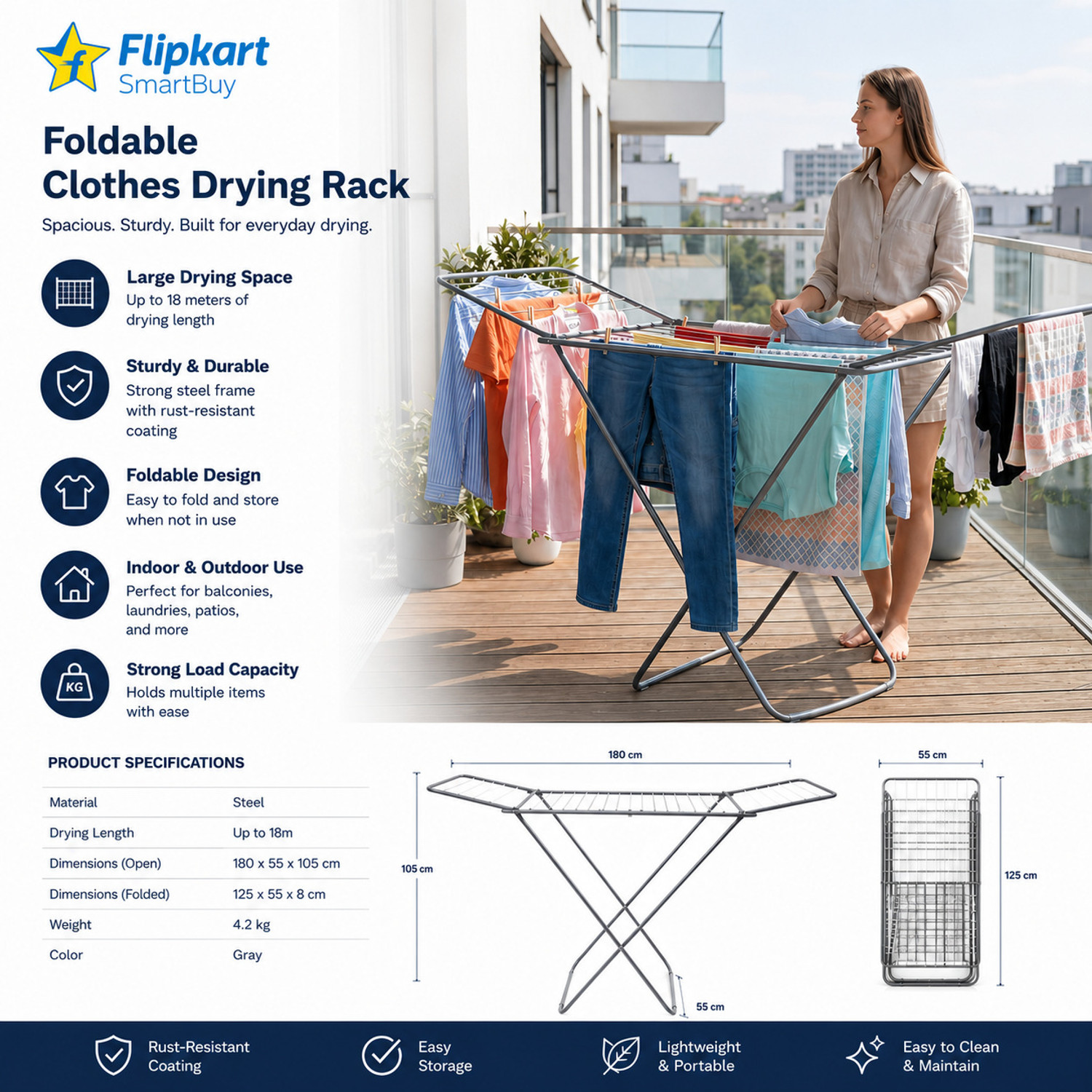 Image of Flipkart SmartBuy Steel Floor Cloth Dryer Stand Heavy Duty Cloth Drying Rack Foldable Wings Design Clothes Stand (1 Tier)