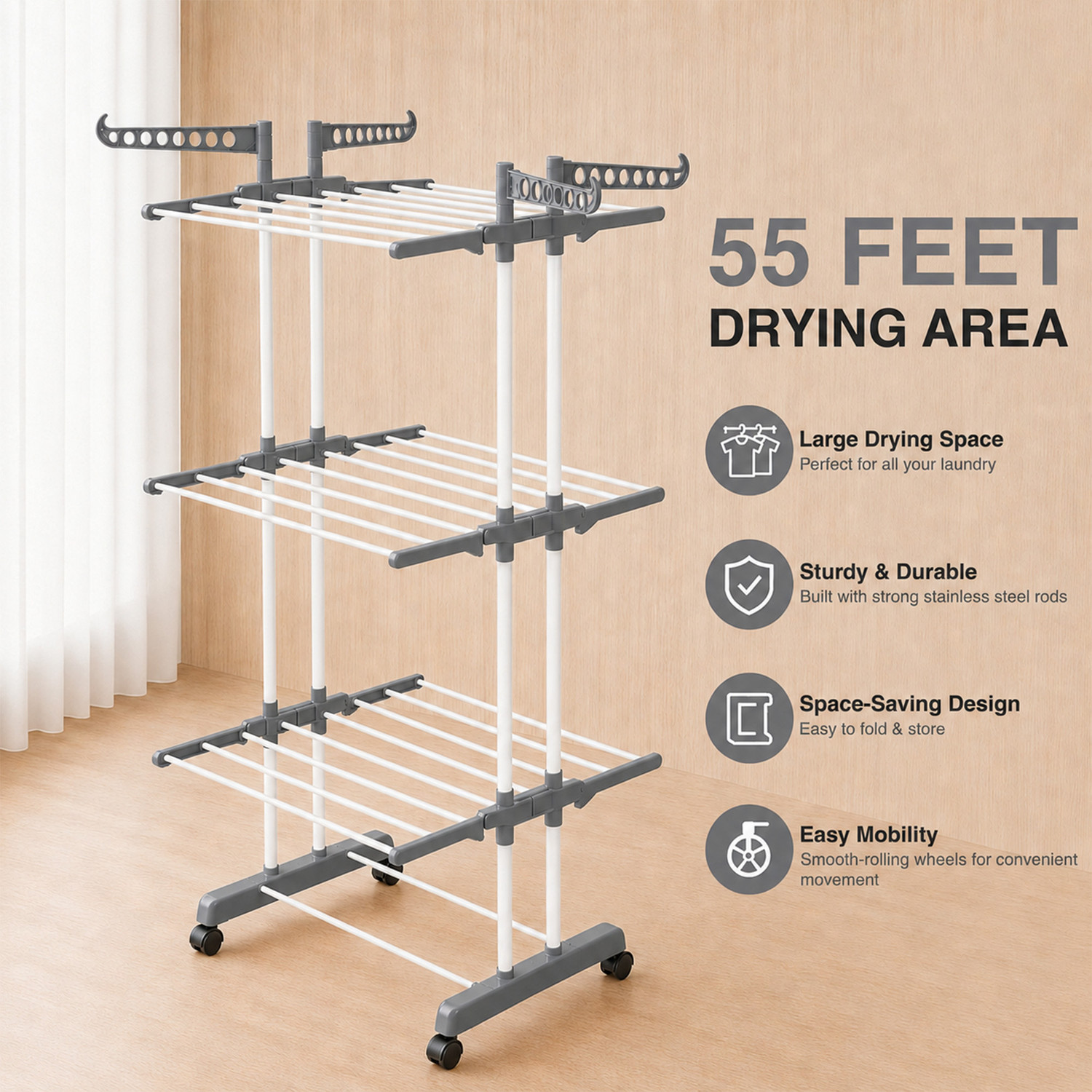 Image of GADDA CO Steel Floor Cloth Dryer Stand Premium Stainless Steel Clothes Stand For Drying With Wheels