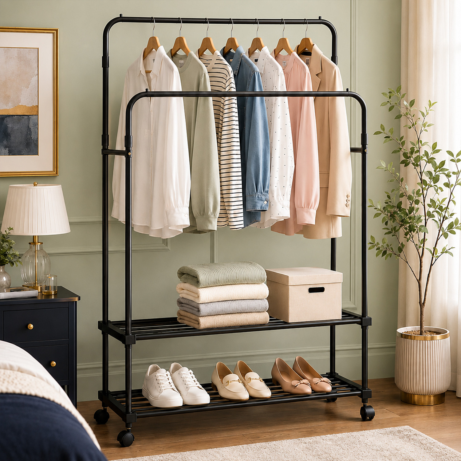 Image of Naayaab Craft Aluminium Floor Cloth Dryer Stand with Clothes Rack & Storage Shelf, Space‑Saving Home Organizer Stand Coat Rack