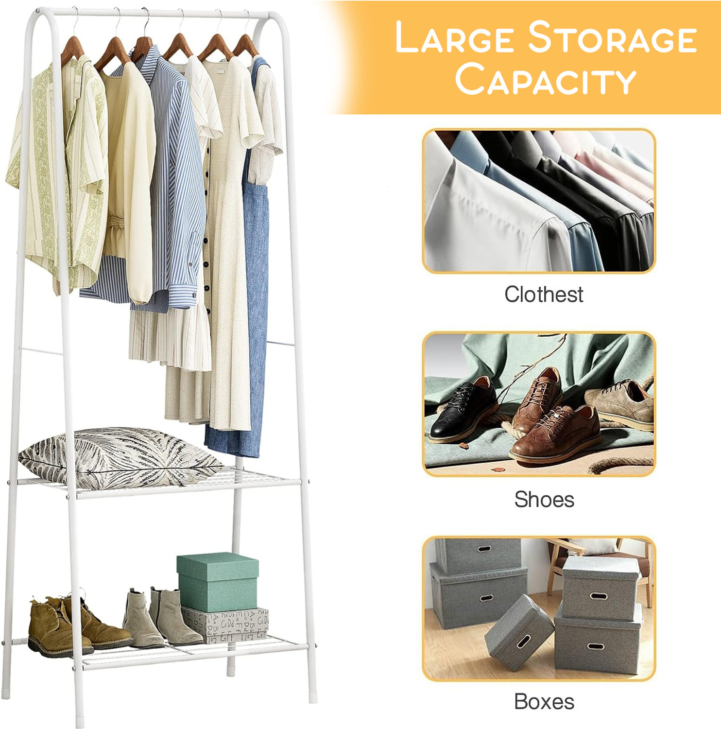 Image of ADA Steel Floor Cloth Dryer Stand Heavy Duty Clothing Garment Rack with 2 Bottom Shelves Freestanding Cloth Stand