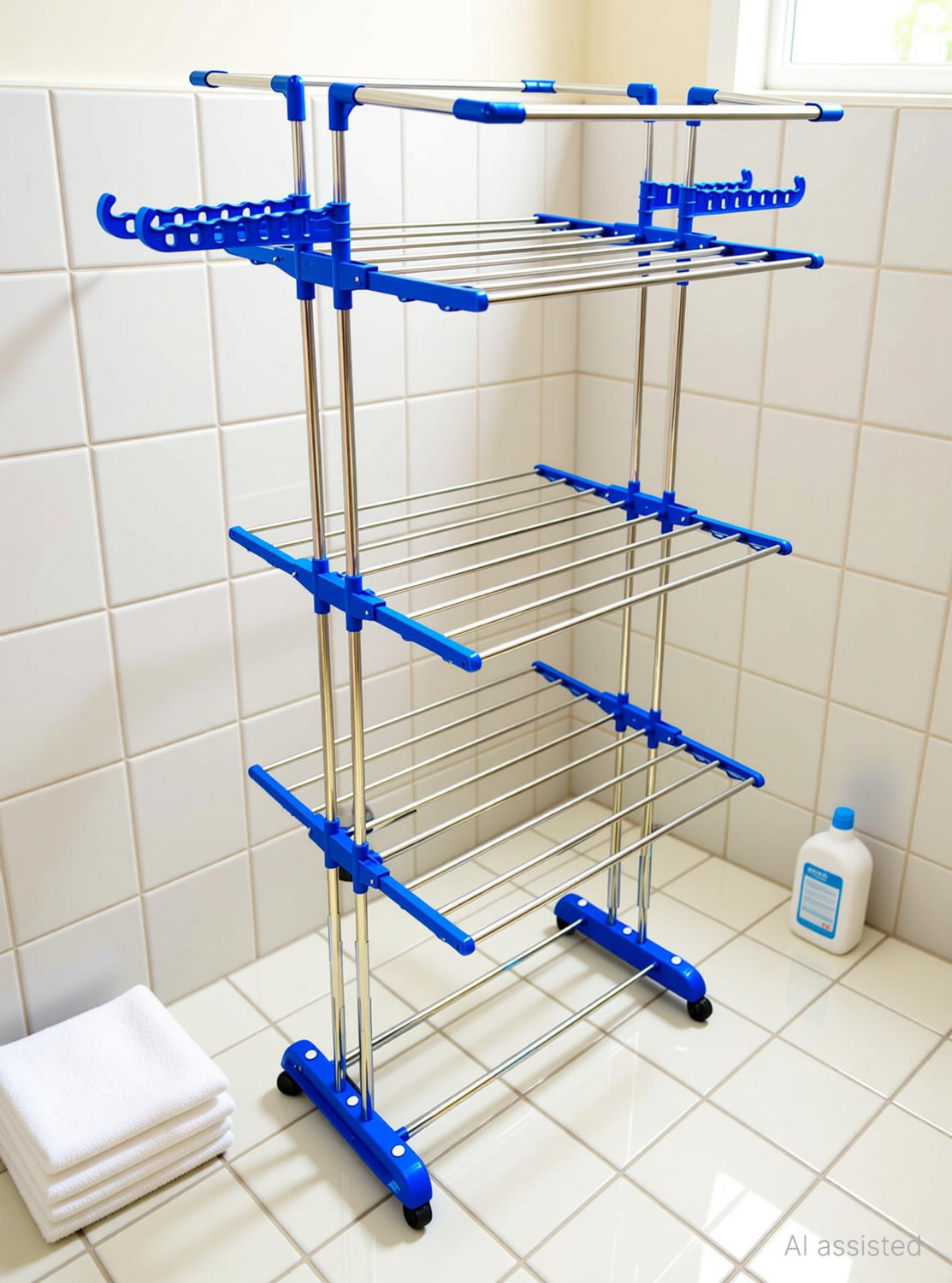Image of FAVOUR Steel, Plastic Floor Cloth Dryer Stand Foldable Stainless Steel 3Tier Jumbo Double Pole Cloth Rack JB2SS3T-19