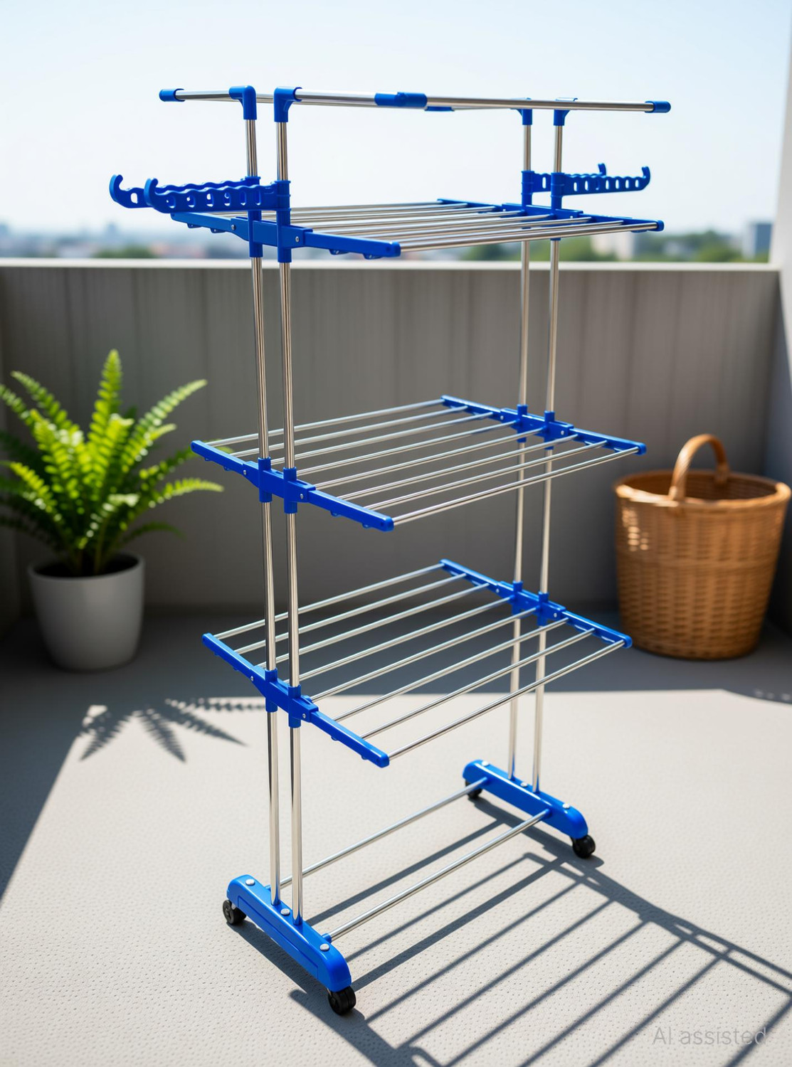Image of FAVOUR Steel, Plastic Floor Cloth Dryer Stand Foldable Stainless Steel 3Tier Jumbo Double Pole Cloth Rack JB2SS3T-19