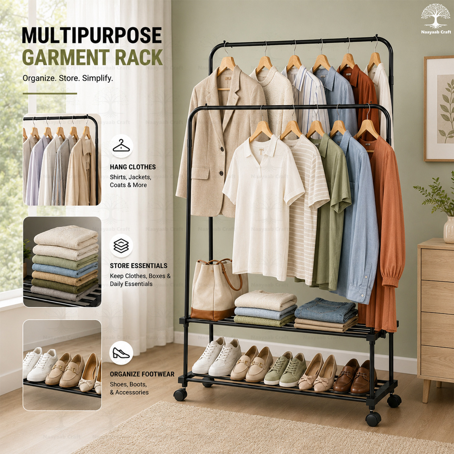 Image of Naayaab Craft Aluminium Floor Cloth Dryer Stand with Clothes Rack & Storage Shelf, Space‑Saving Home Organizer Stand Coat Rack