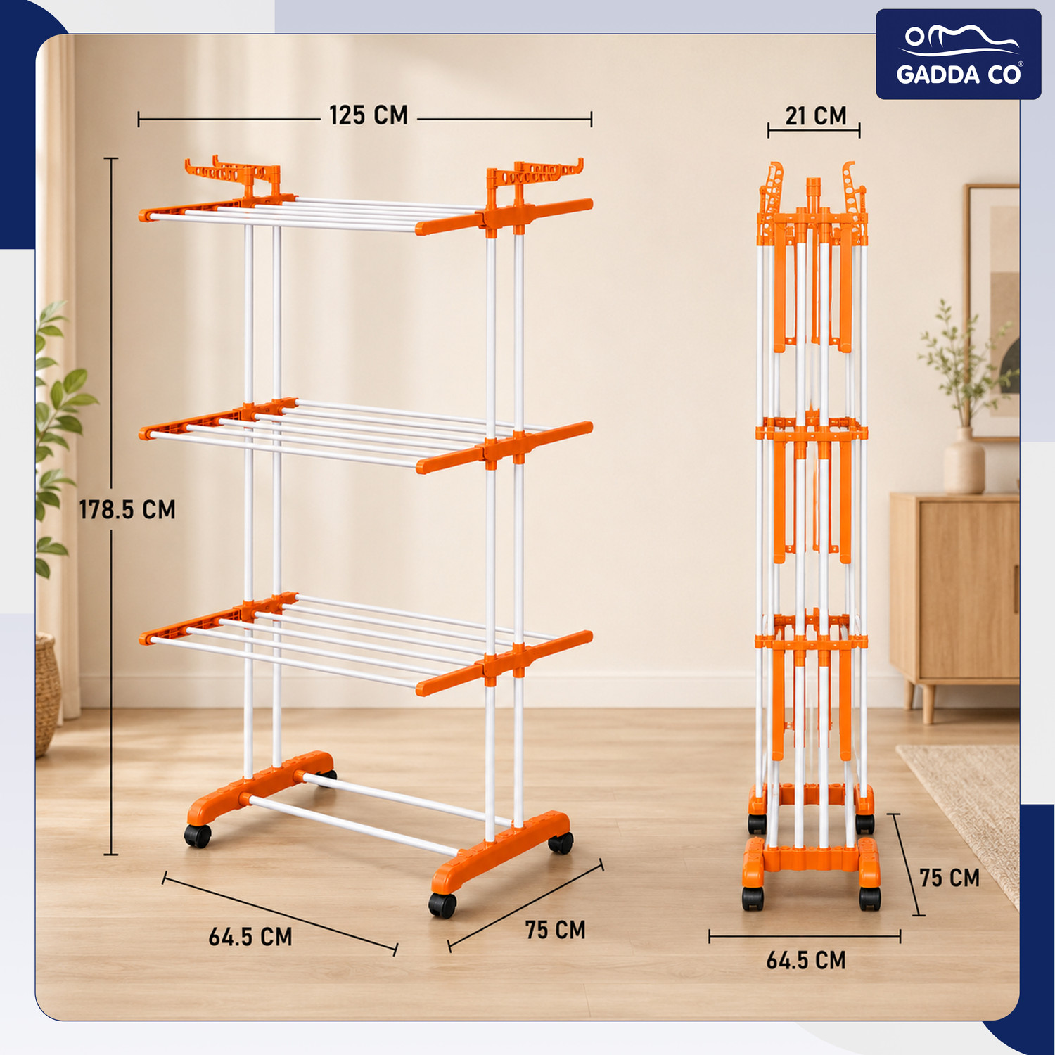 Image of GADDA CO Steel Floor Cloth Dryer Stand Premium Stainless Steel Clothes Stand For Drying With Wheels