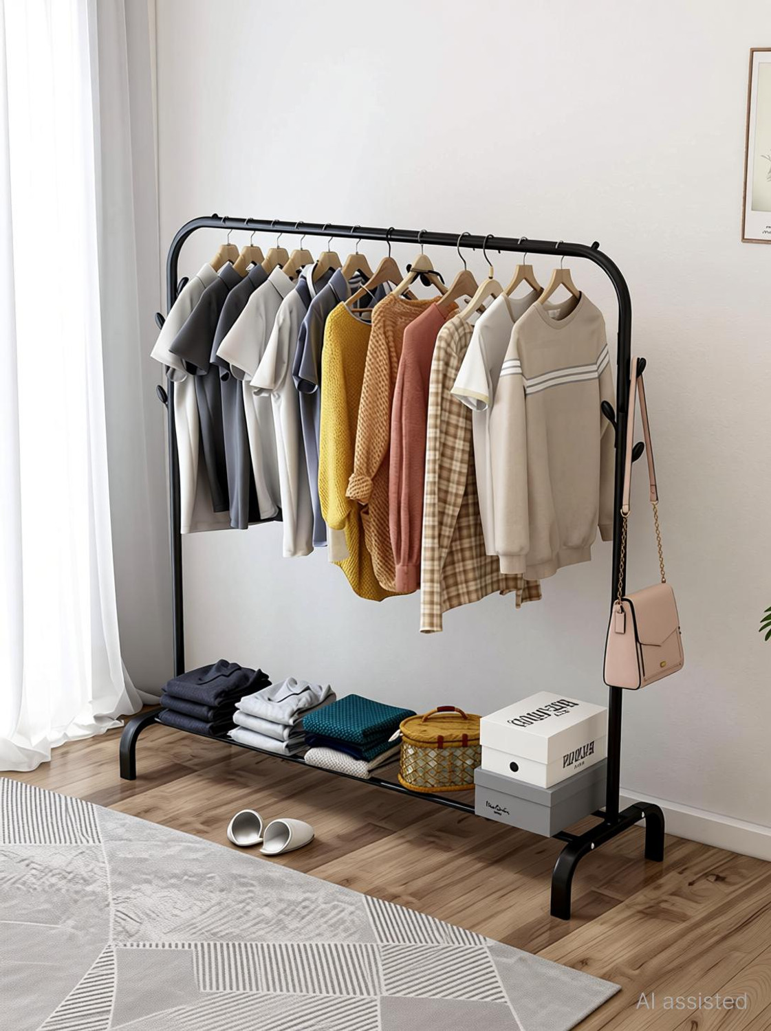 Image of HOUSE OF QUIRK Aluminium Floor Cloth Dryer Stand Garment Rack with 8 Branch Hooks - Freestanding Clothes Organizer Stand-White (1 Tier)