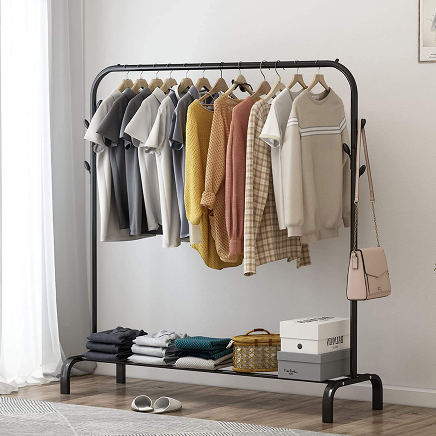 Image of HOUSE OF QUIRK Aluminium Floor Cloth Dryer Stand Garment Rack with 8 Branch Hooks - Freestanding Clothes Organizer Stand-White (1 Tier)