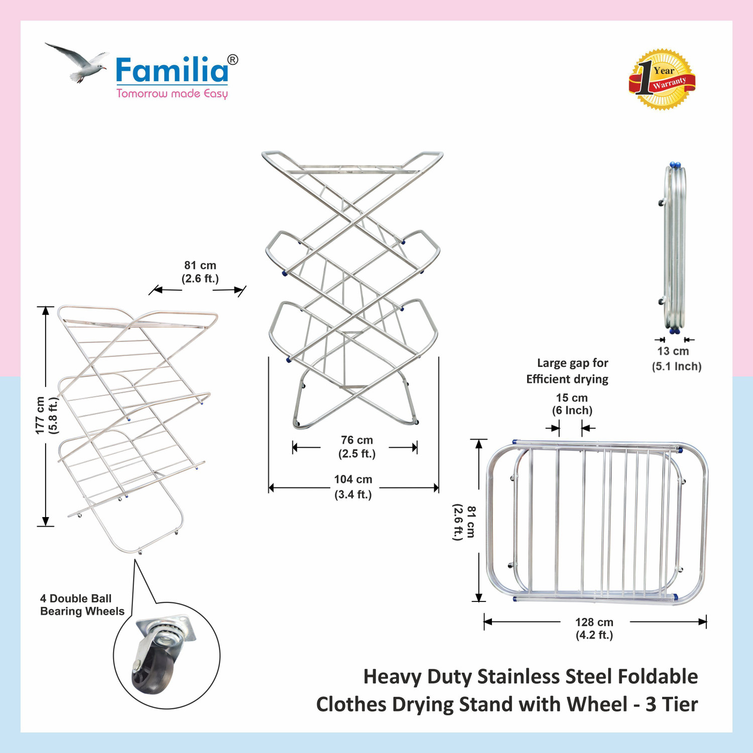 Image of Familia Steel Floor Cloth Dryer Stand Heavy Duty Stainless Steel Foldable Clothes Drying Stand with Wheels (CSW (19mm)
