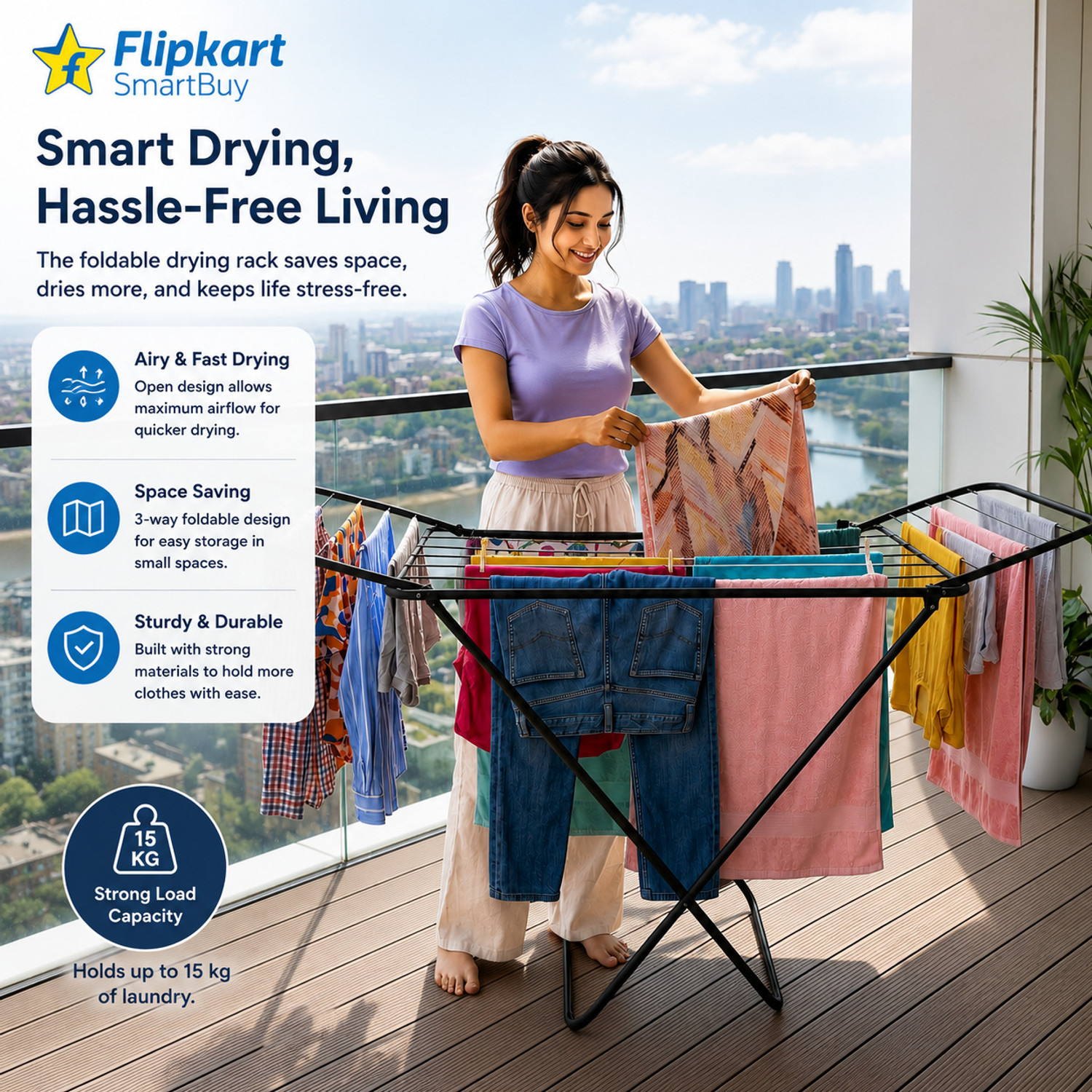 Image of Flipkart SmartBuy Steel Floor Cloth Dryer Stand Perfect Use for Balcony and Indoor Laundry Racks for Drying Clothes