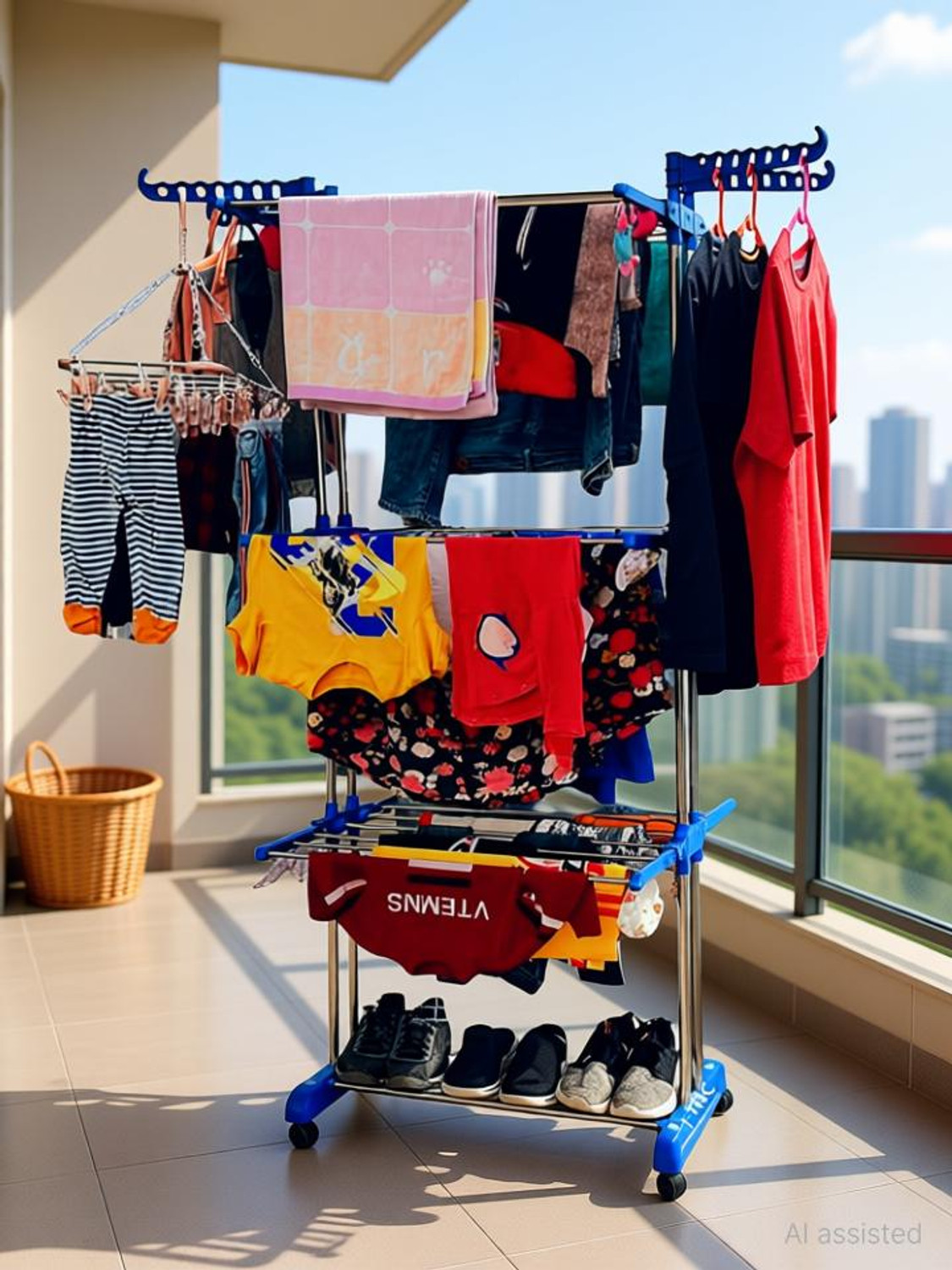 Image of TNC Steel Floor Cloth Dryer Stand Stainless Steel Double Pole 3-Tier Cloth Rack V-130