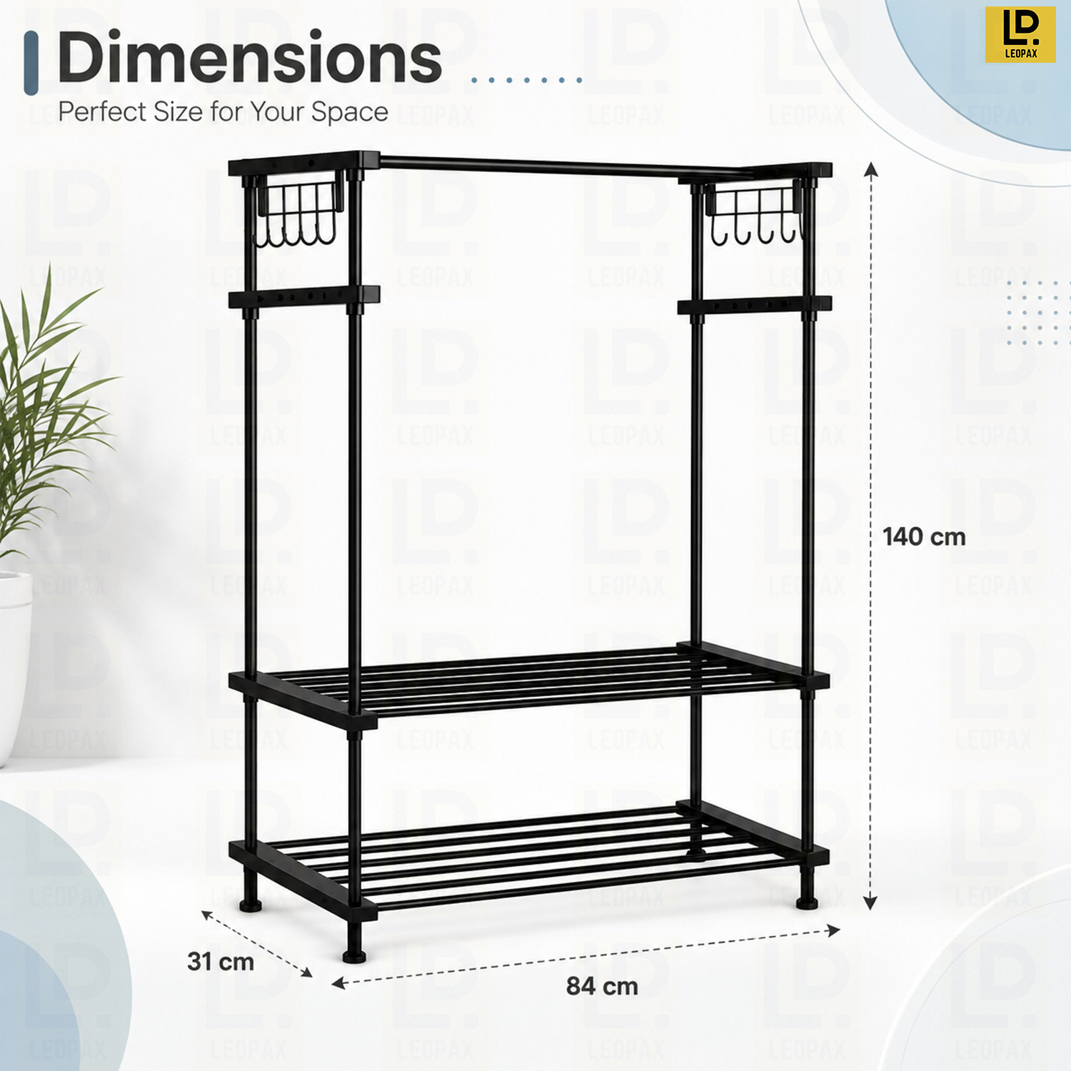 Image of LEOPAX Aluminium Floor Cloth Dryer Stand Heavy Duty Metal Garment Rail with 8 Hooks for Bedroom, Living Room and Entryway