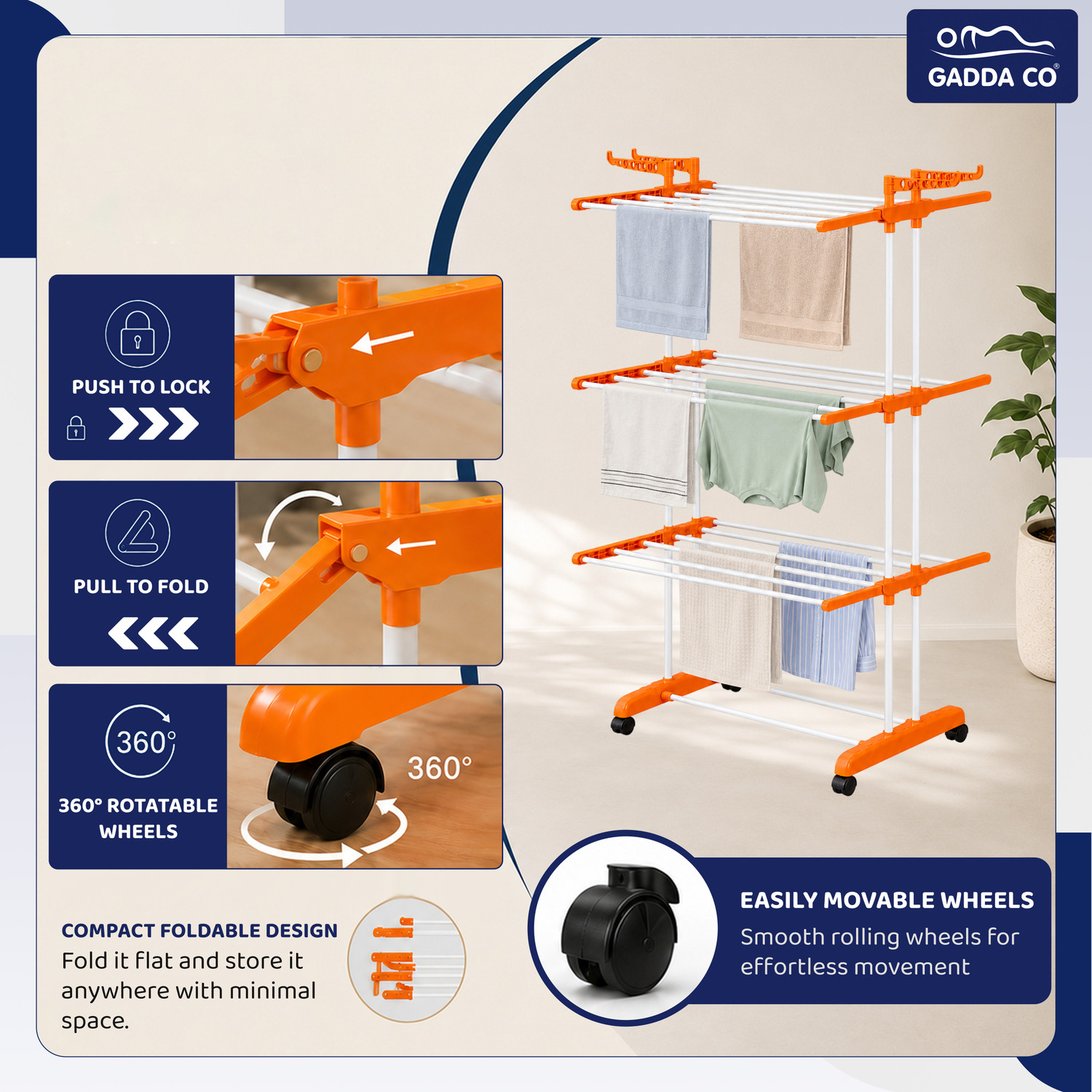Image of GADDA CO Steel Floor Cloth Dryer Stand Premium Stainless Steel Clothes Stand For Drying With Wheels