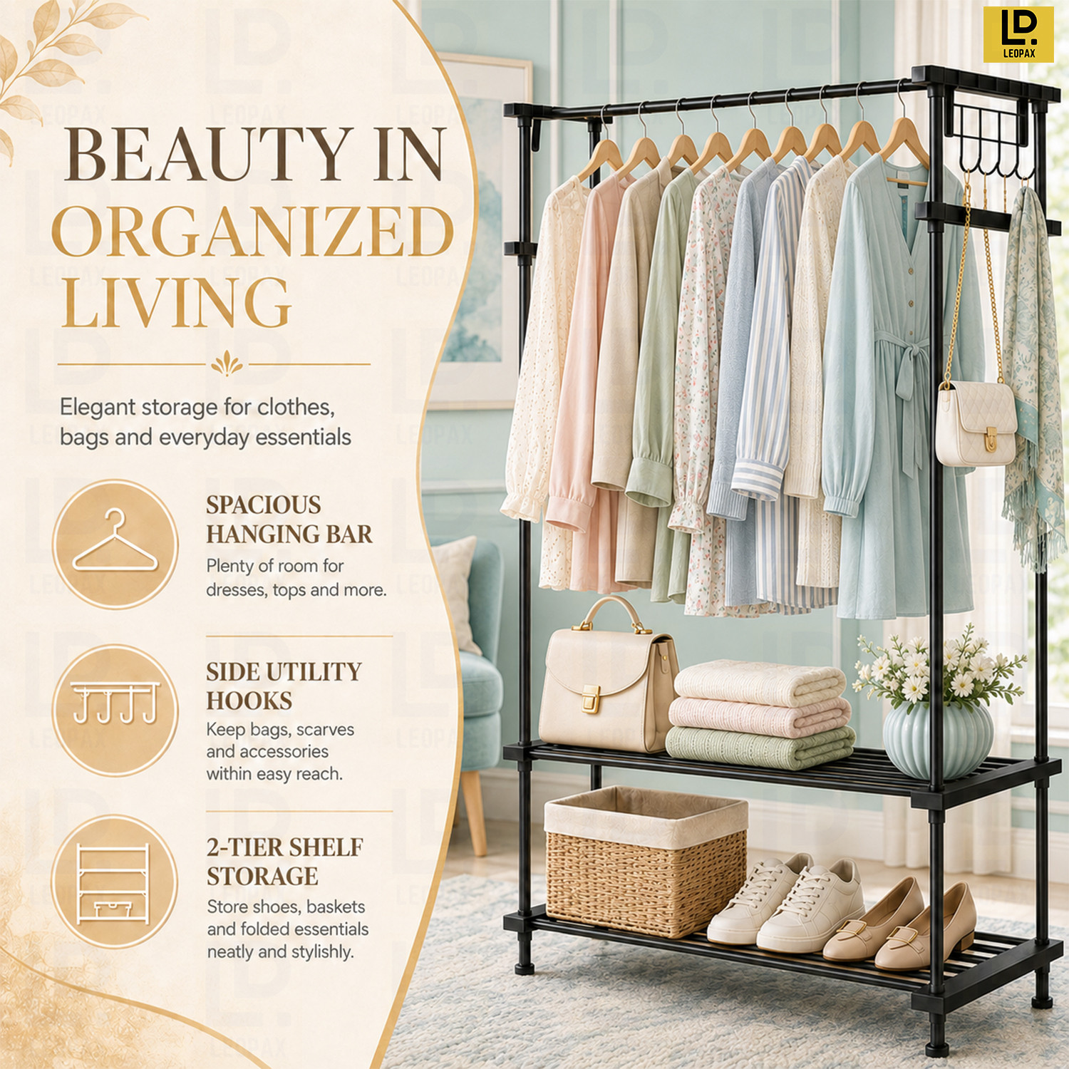 Image of LEOPAX Aluminium Floor Cloth Dryer Stand Heavy Duty Metal Garment Rail with 8 Hooks for Bedroom, Living Room and Entryway