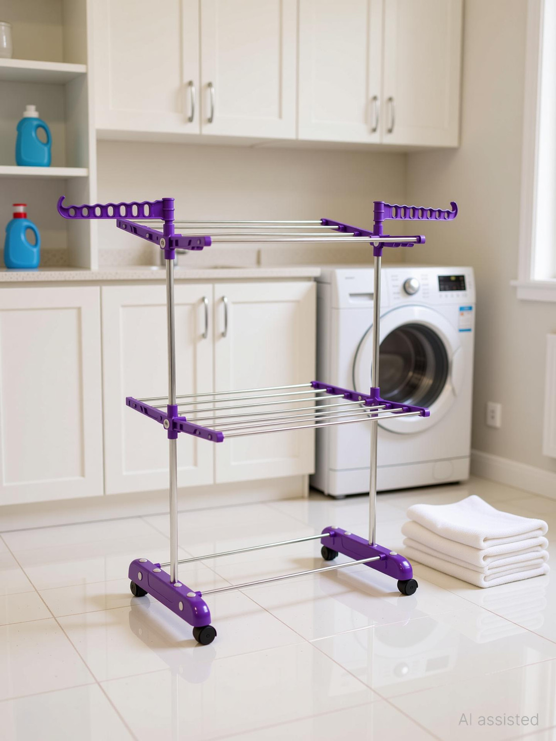Image of Unizone Steel, Aluminium, Plastic Floor Cloth Dryer Stand SS Premium Compact Space Saving Foldable - US2002 Single Poll