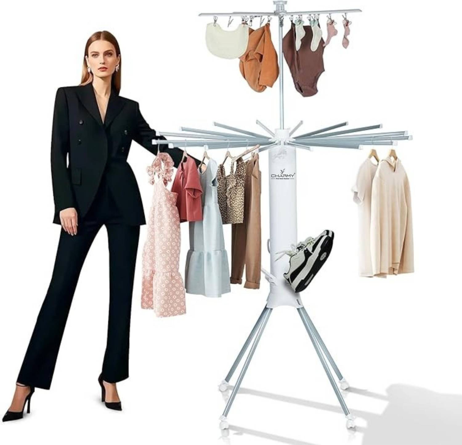 Charmy Steel, Plastic Floor Cloth Dryer Stand 16-Rail Octopus Cylinder Cloth Drying Stand With Shoe Dryer,4 Legs, Multi Layer