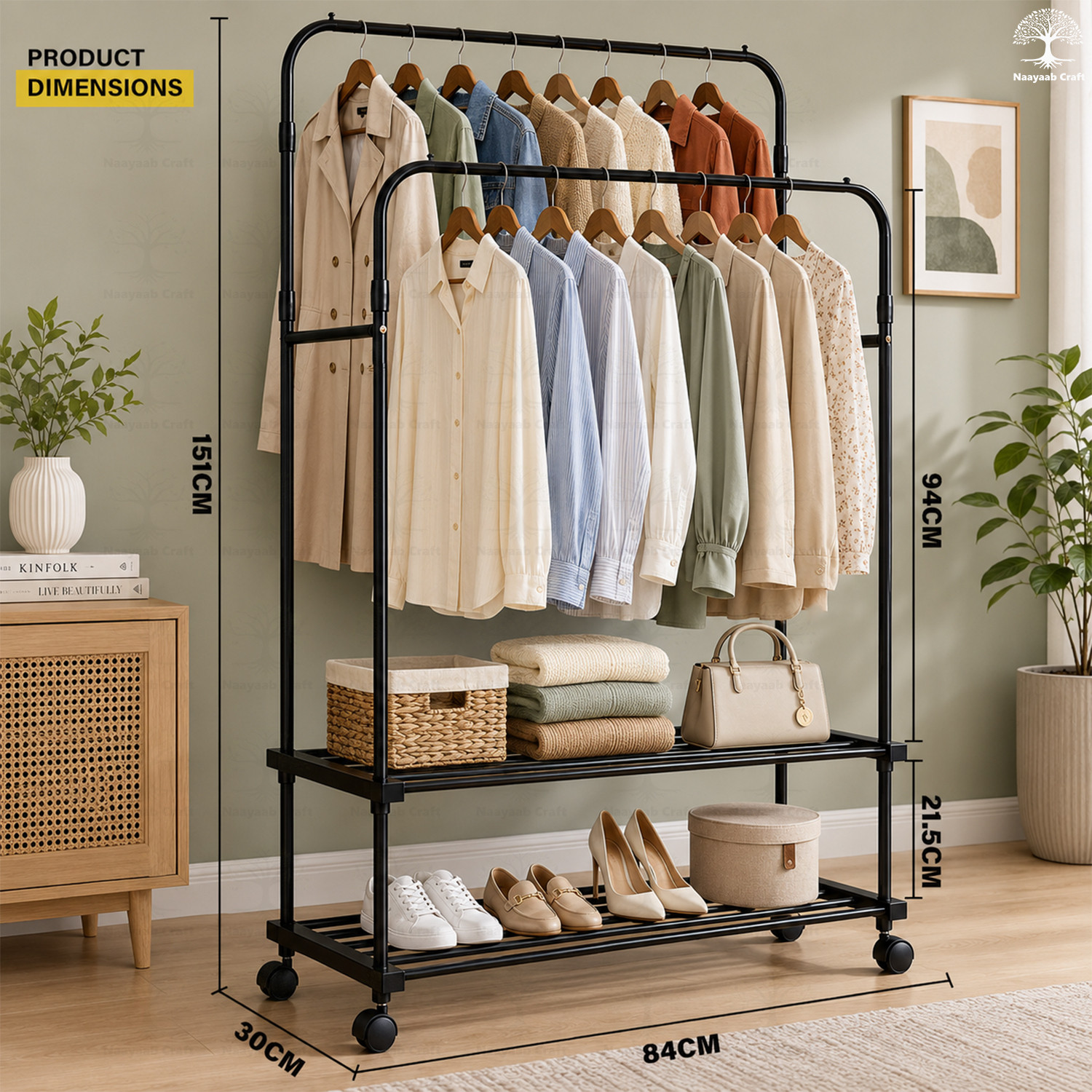 Image of Naayaab Craft Aluminium Floor Cloth Dryer Stand with Clothes Rack & Storage Shelf, Space‑Saving Home Organizer Stand Coat Rack
