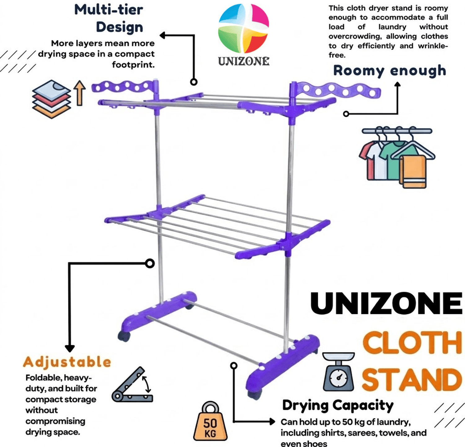 Image of Unizone Steel, Aluminium, Plastic Floor Cloth Dryer Stand SS Premium Compact Space Saving Foldable - US2002 Single Poll