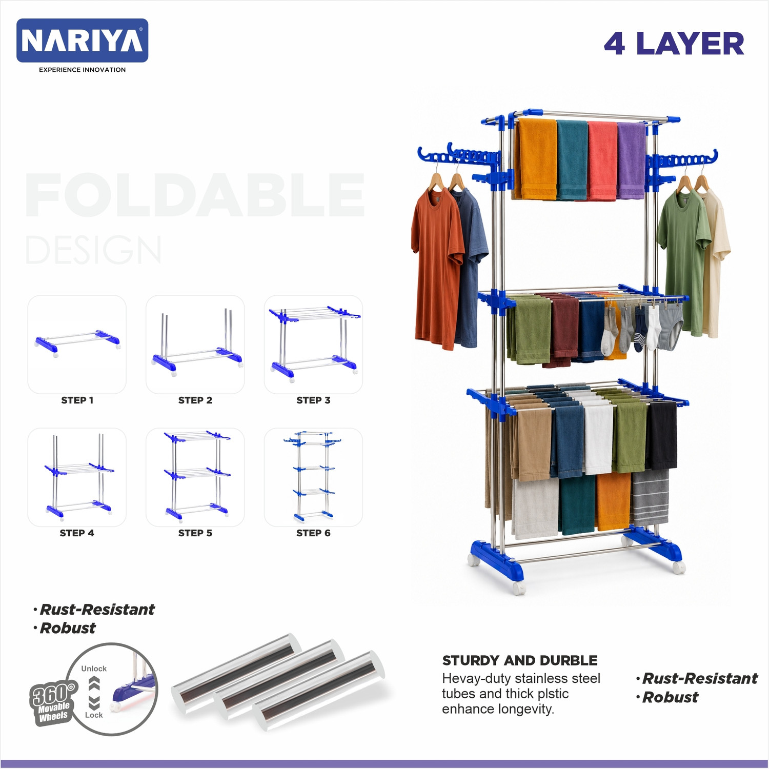 Image of NARIYA Plastic, Steel Floor Cloth Dryer Stand BLUE CLOTH DRYER STAND