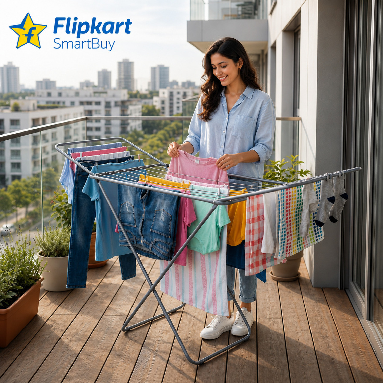 Image of Flipkart SmartBuy Steel Floor Cloth Dryer Stand Heavy Duty Cloth Drying Rack Foldable Wings Design Clothes Stand (1 Tier)