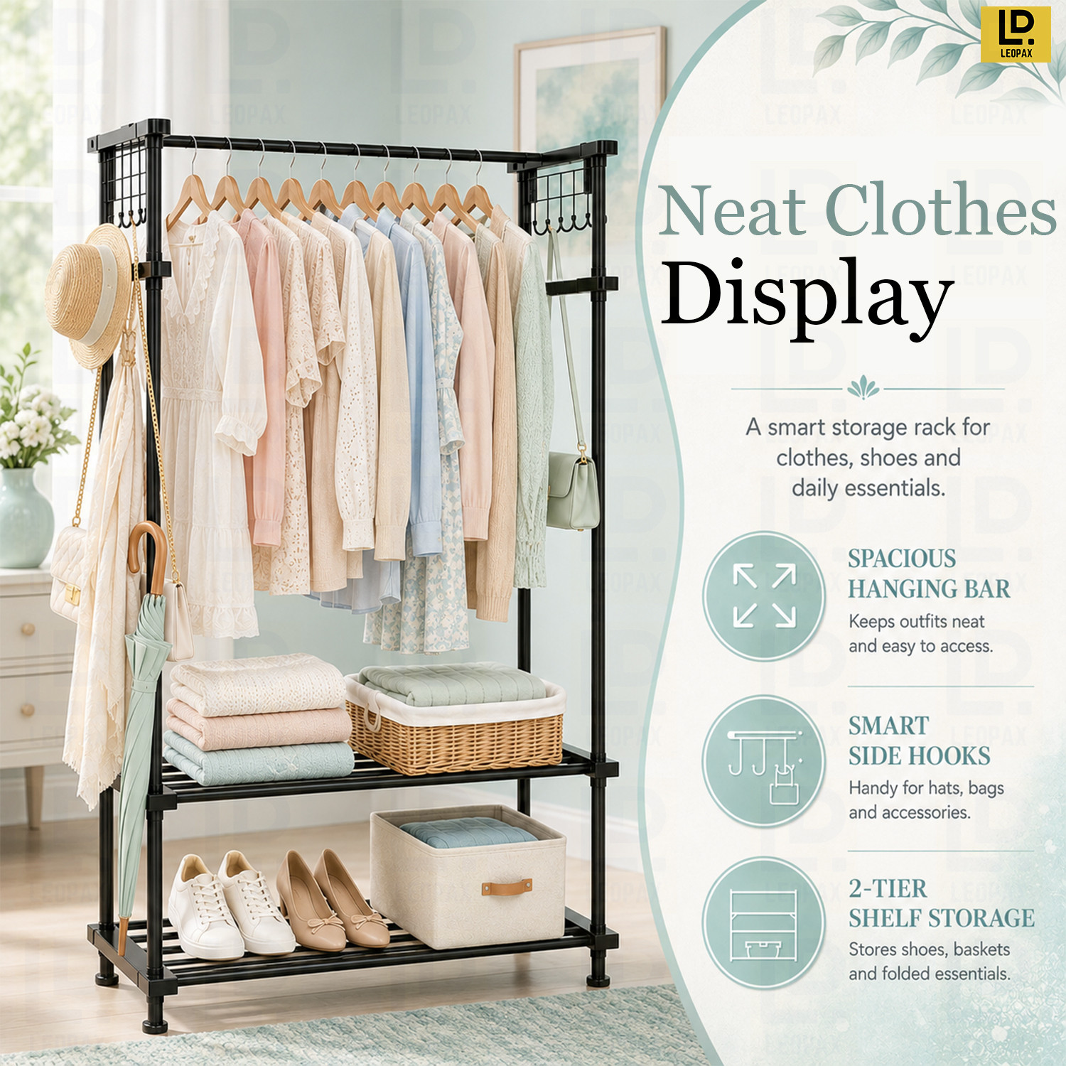 Image of LEOPAX Aluminium Floor Cloth Dryer Stand Heavy Duty Metal Garment Rail with 8 Hooks for Bedroom, Living Room and Entryway