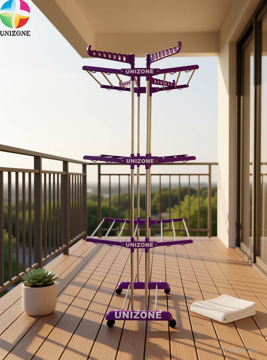 Unizone Steel, Aluminium, Plastic Floor Cloth Dryer Stand 4 Tier - Image 1