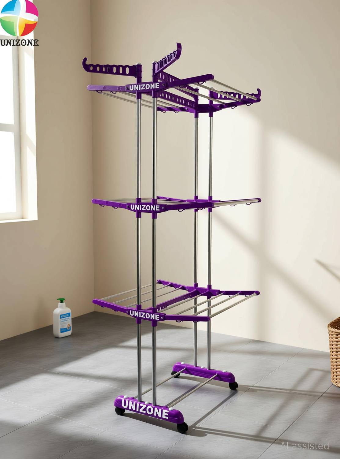 Unizone Steel, Aluminium, Plastic Floor Cloth Dryer Stand 4 Tier - Image 2