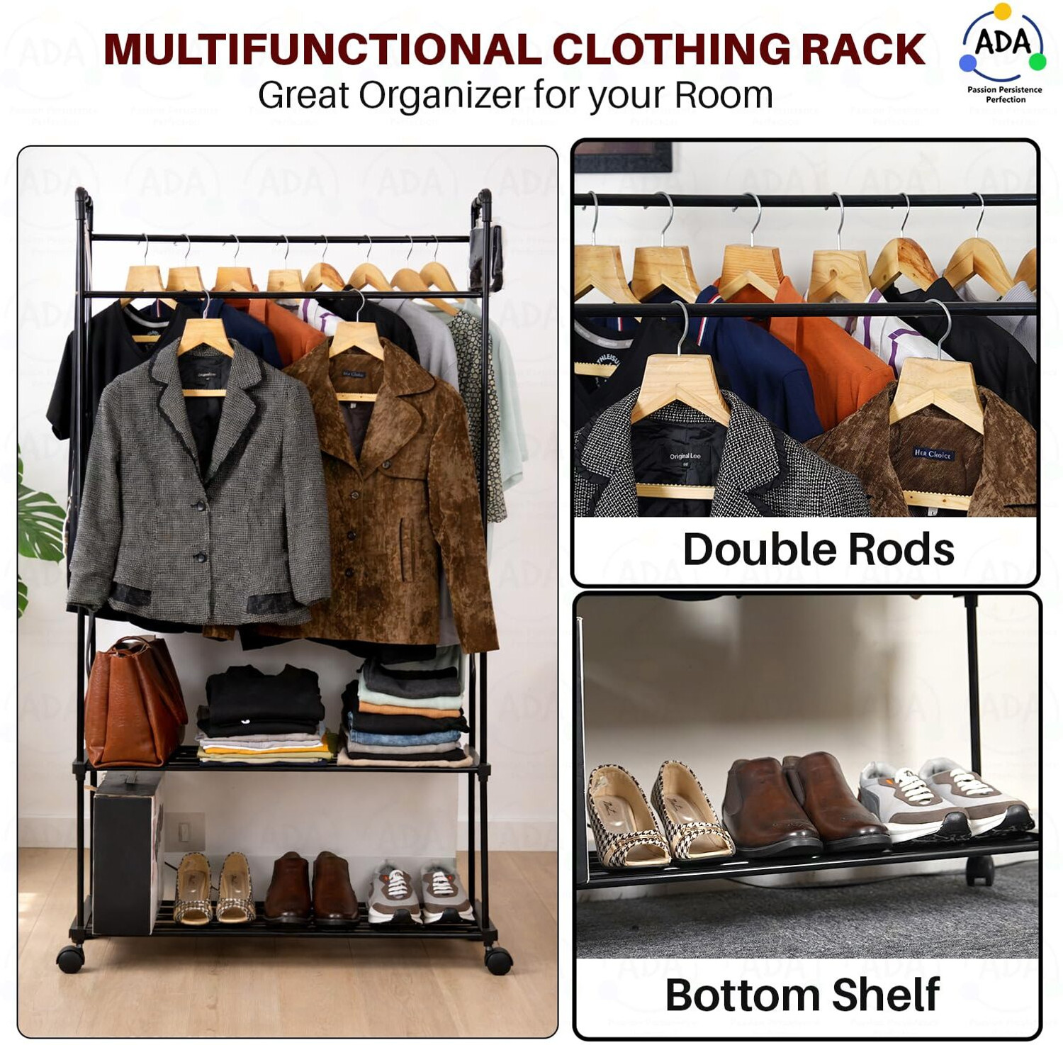 Image of ADA Aluminium Floor Cloth Dryer Stand High Density Drizzle Metal Garment Rack with Side Hooks