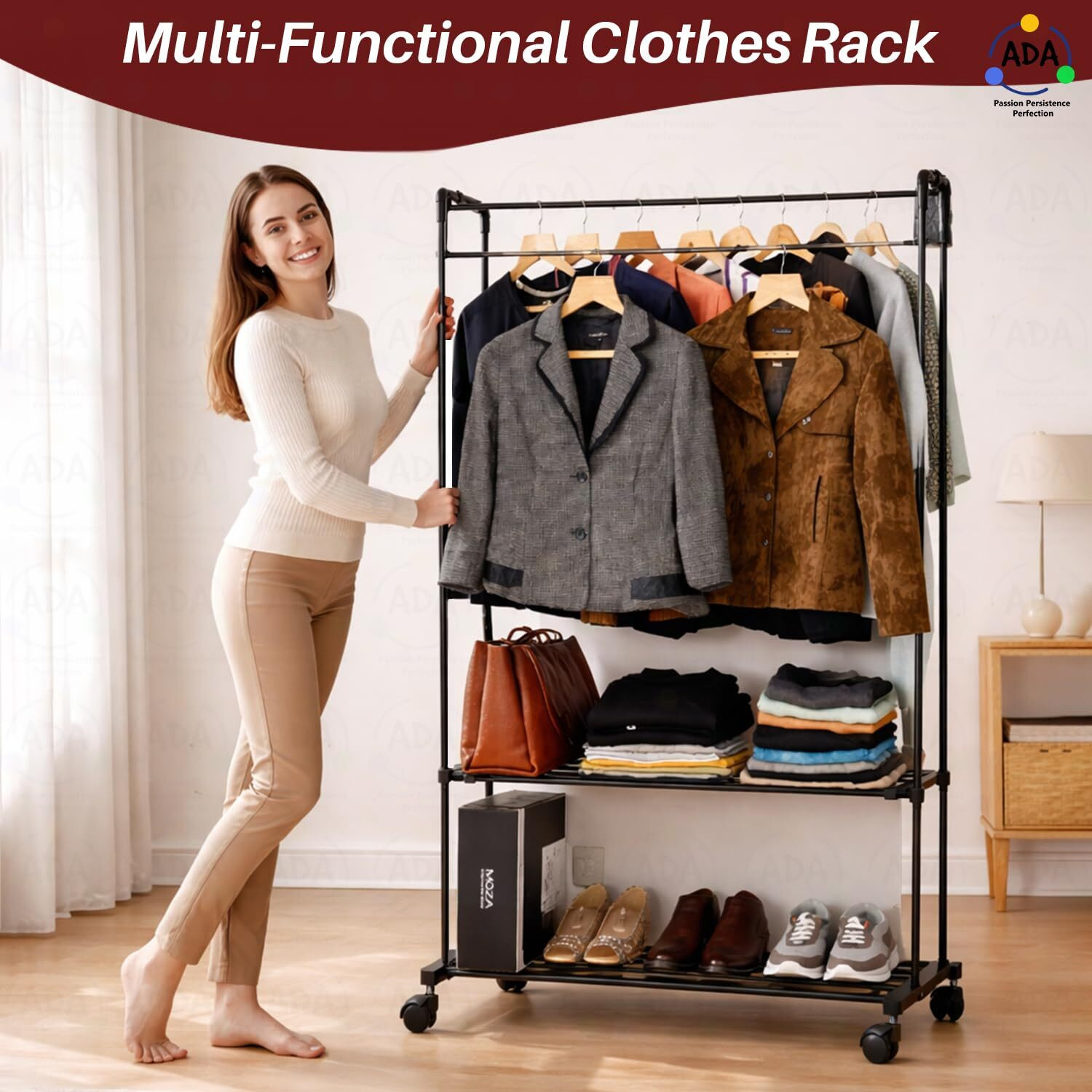 Image of ADA Aluminium Floor Cloth Dryer Stand High Density Drizzle Metal Garment Rack with Side Hooks