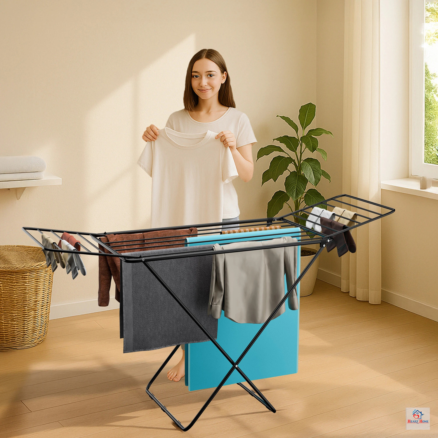 Image of Heart Home Steel Floor Cloth Dryer Stand Foldable