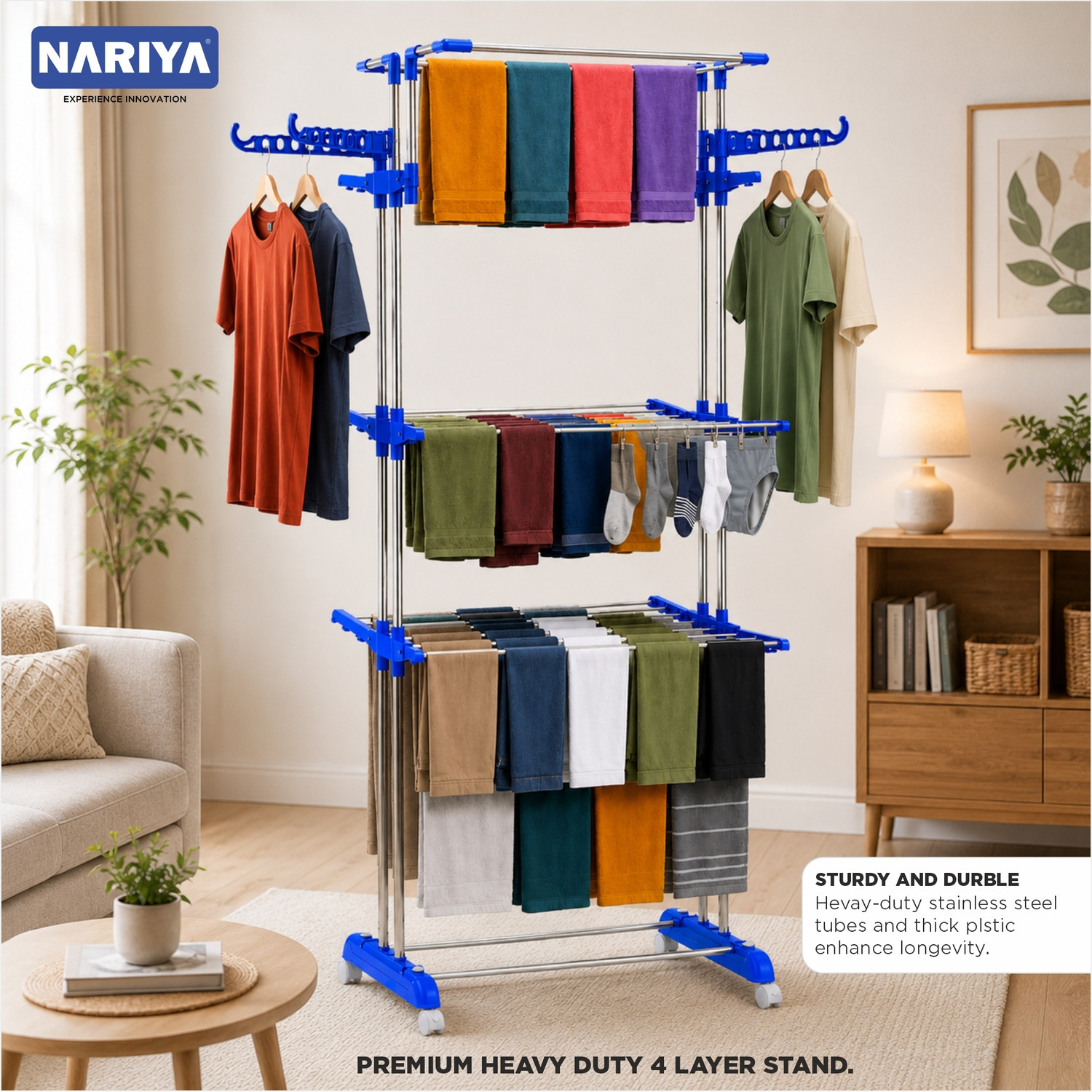Image of NARIYA Plastic, Steel Floor Cloth Dryer Stand BLUE CLOTH DRYER STAND