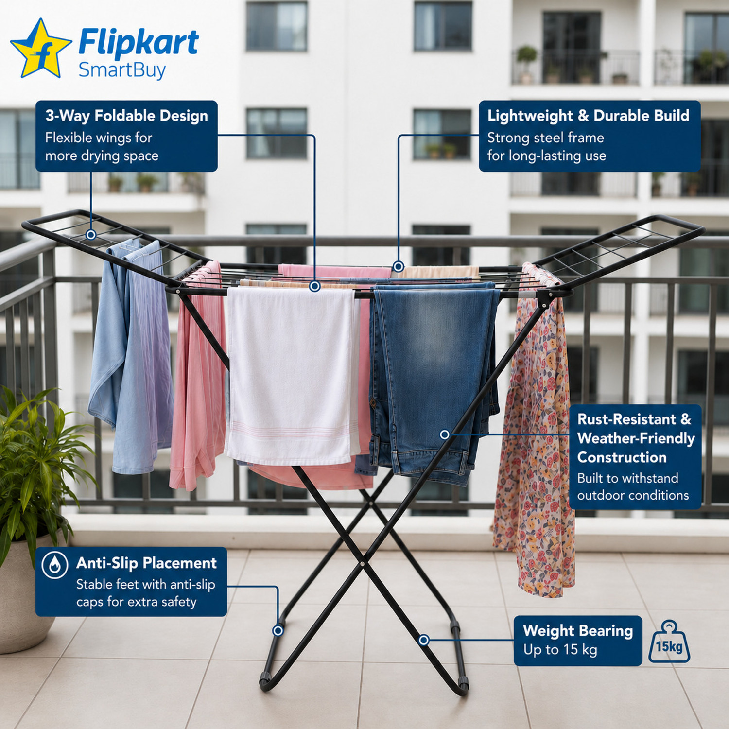 Image of Flipkart SmartBuy Steel Floor Cloth Dryer Stand Perfect Use for Balcony and Indoor Laundry Racks for Drying Clothes