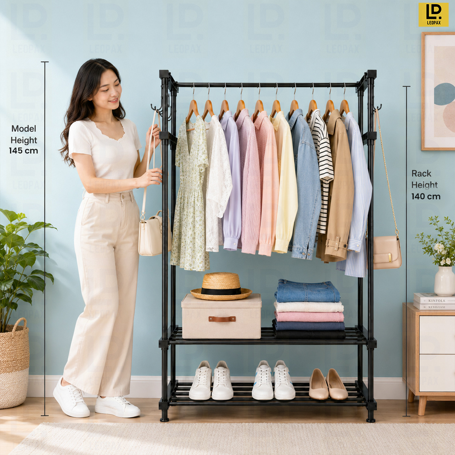 Image of LEOPAX Aluminium Floor Cloth Dryer Stand Heavy Duty Metal Garment Rail with 8 Hooks for Bedroom, Living Room and Entryway