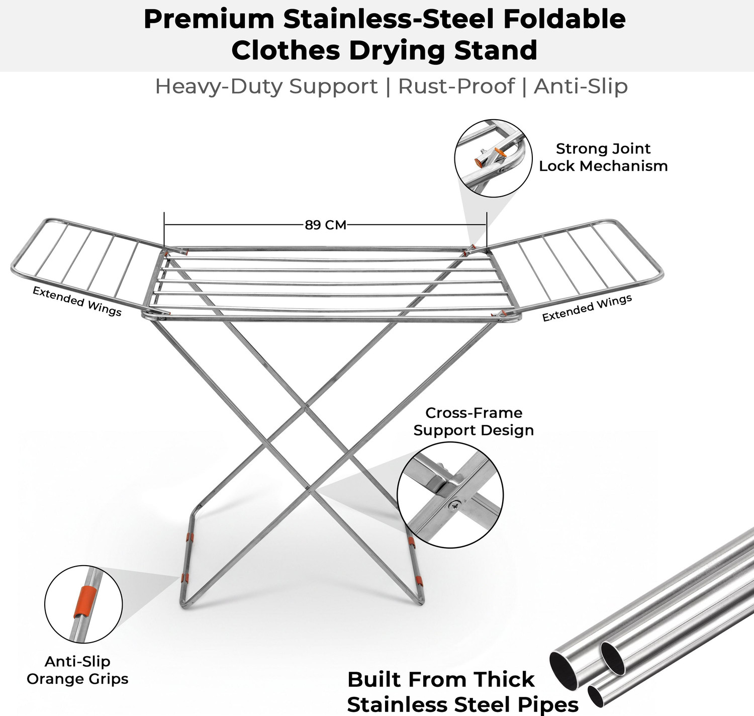 Image of Plantex Steel Floor Cloth Dryer Stand Cloth Stand /Foldable Cloth Stand for Balcony /Stand for Cloth Drying - Pack of 1