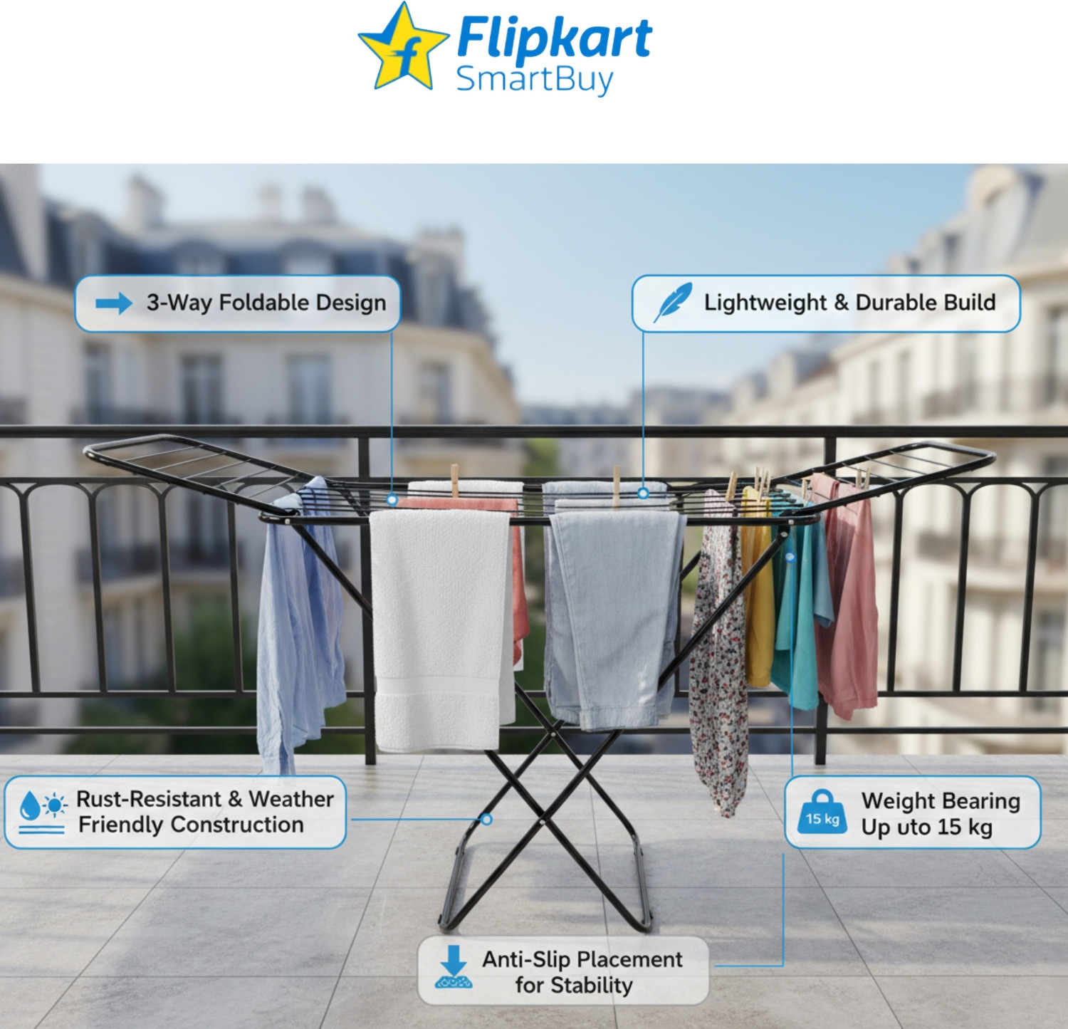 Image of Flipkart SmartBuy Steel Floor Cloth Dryer Stand Cloth Stand-2345
