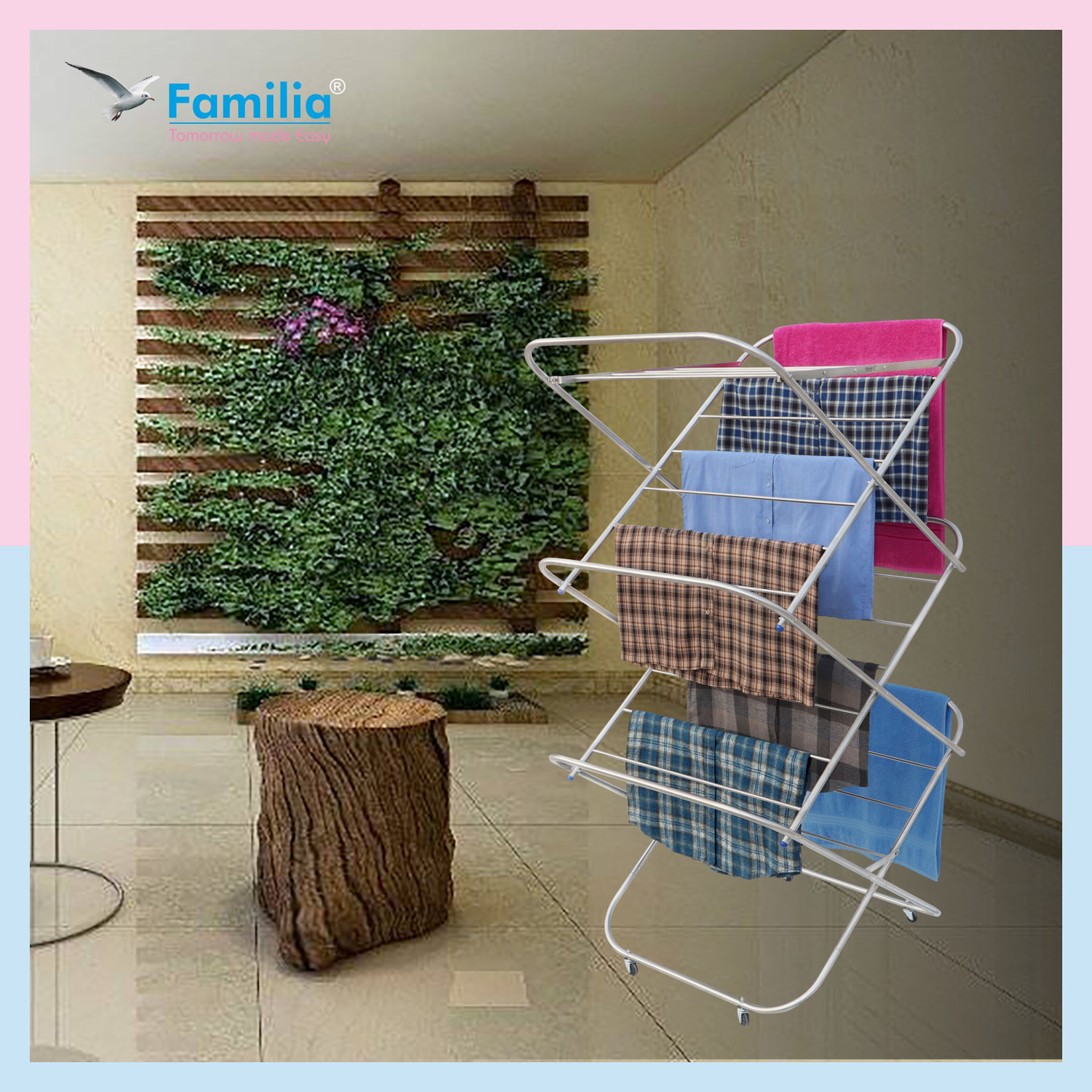 Image of Familia Steel Floor Cloth Dryer Stand Heavy Duty Stainless Steel Foldable Clothes Drying Stand with Wheels (CSW (19mm)
