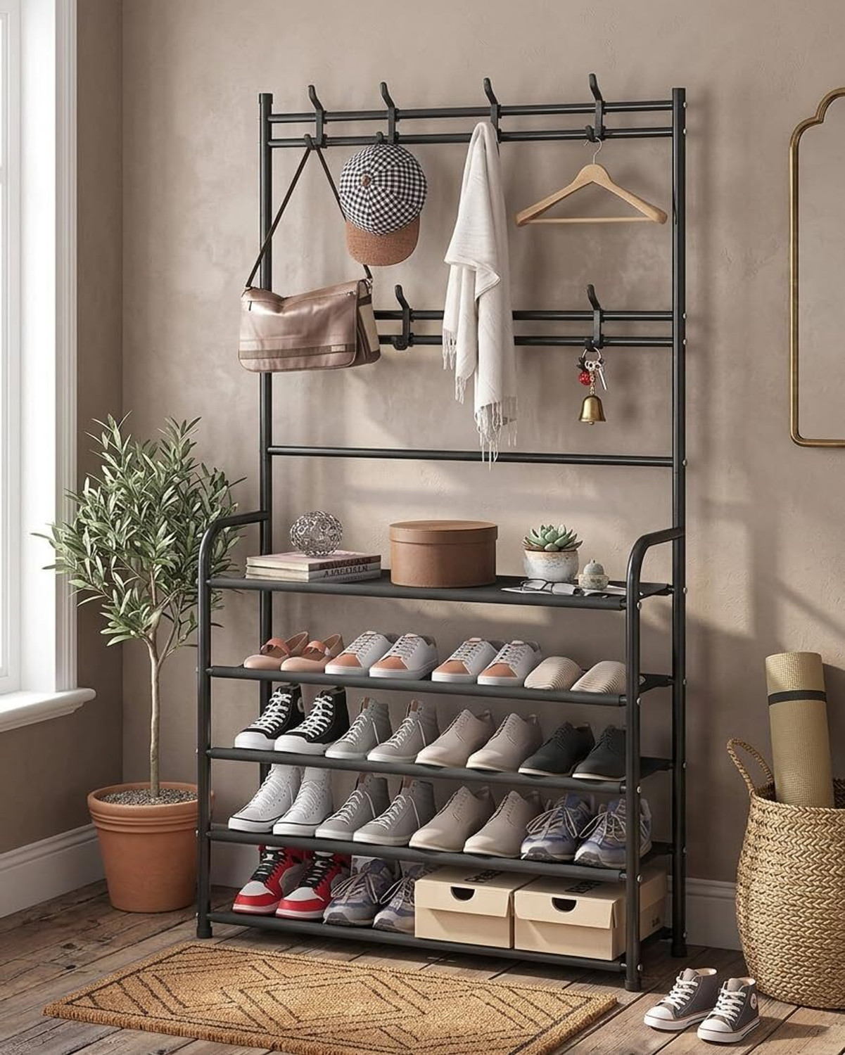 Image of Storia Metal Shoe & Coat Rack- Double Hook Row Design Metal, Plastic Collapsible Shoe Stand