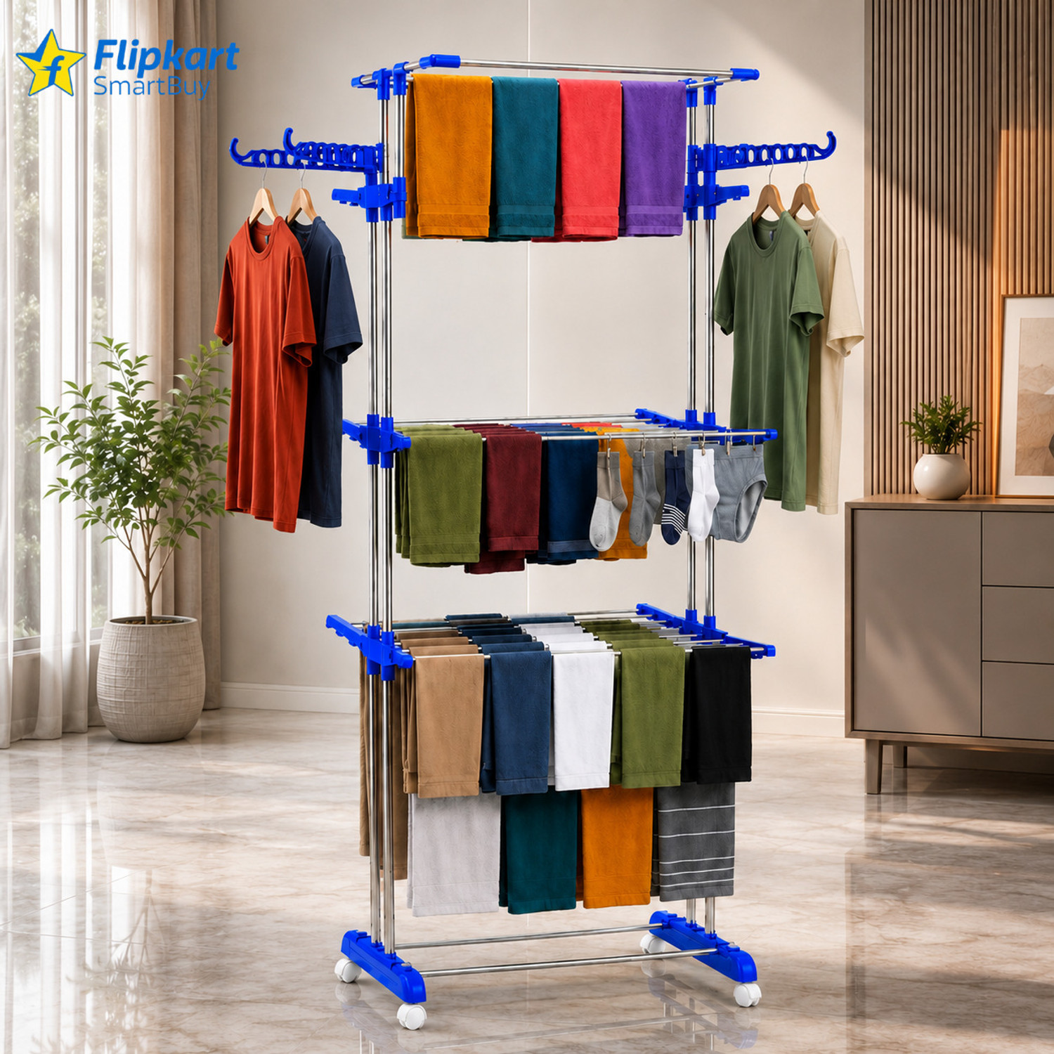 Image of Flipkart SmartBuy Steel Floor Cloth Dryer Stand 4 Layer Clothes Drying Stand | Rust Resistant Steel Dryer Rack |