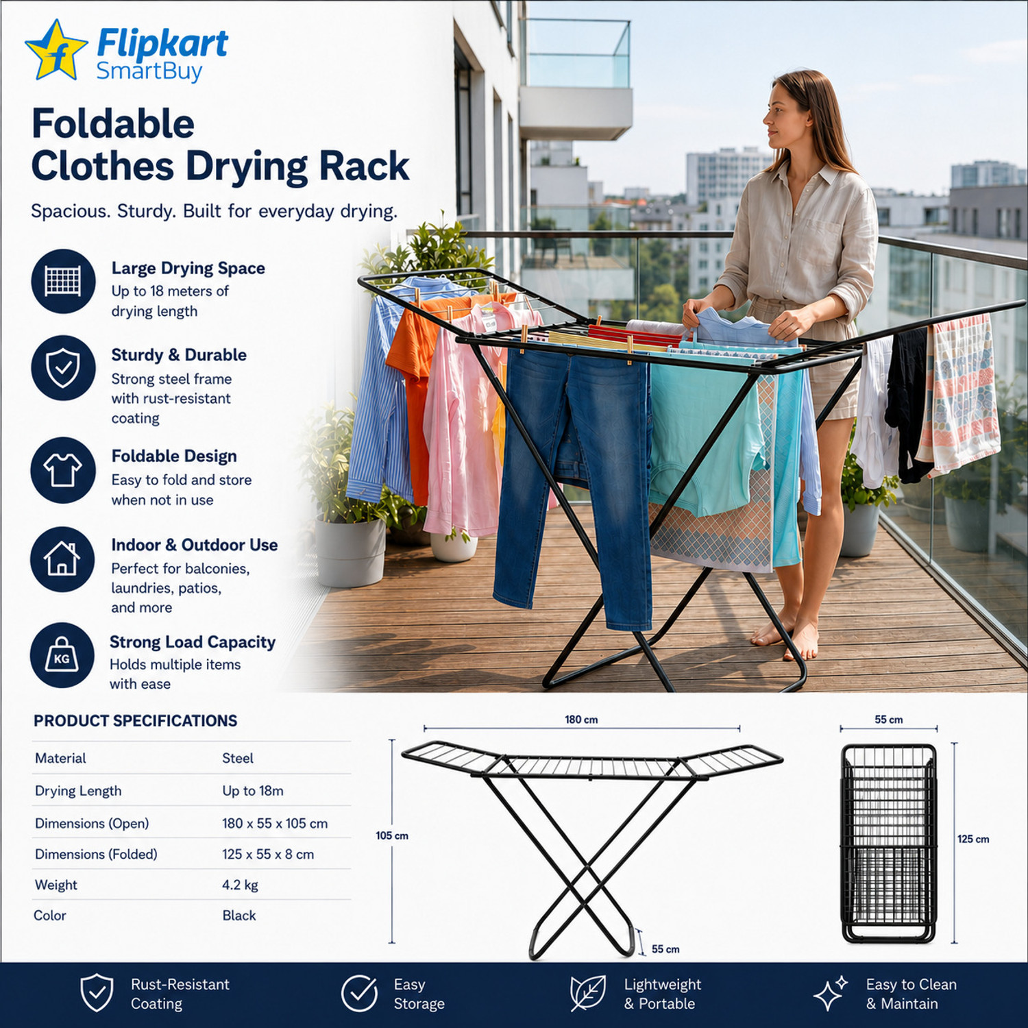 Image of Flipkart SmartBuy Steel Floor Cloth Dryer Stand Perfect Use for Balcony and Indoor Laundry Racks for Drying Clothes