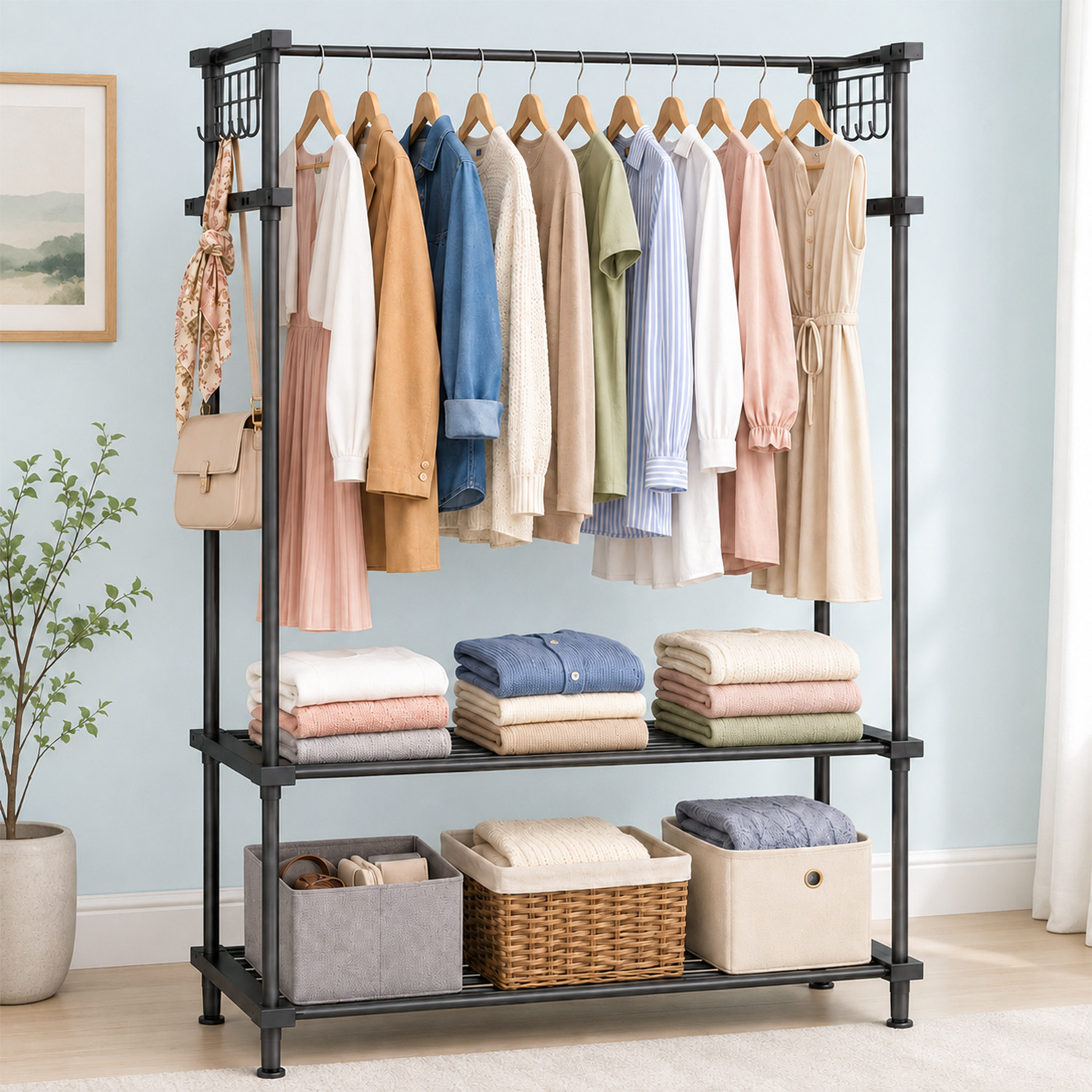 Image of LEOPAX Aluminium Floor Cloth Dryer Stand Heavy Duty Metal Garment Rail with 8 Hooks for Bedroom, Living Room and Entryway