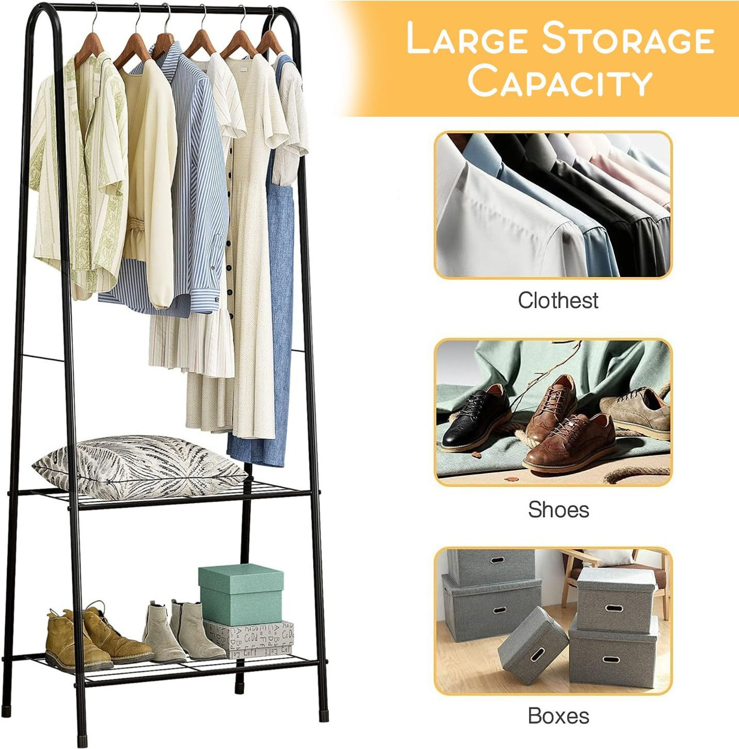 Image of ADA Steel Floor Cloth Dryer Stand Heavy Duty Clothing Garment Rack with 2 Bottom Shelves Freestanding Cloth Stand