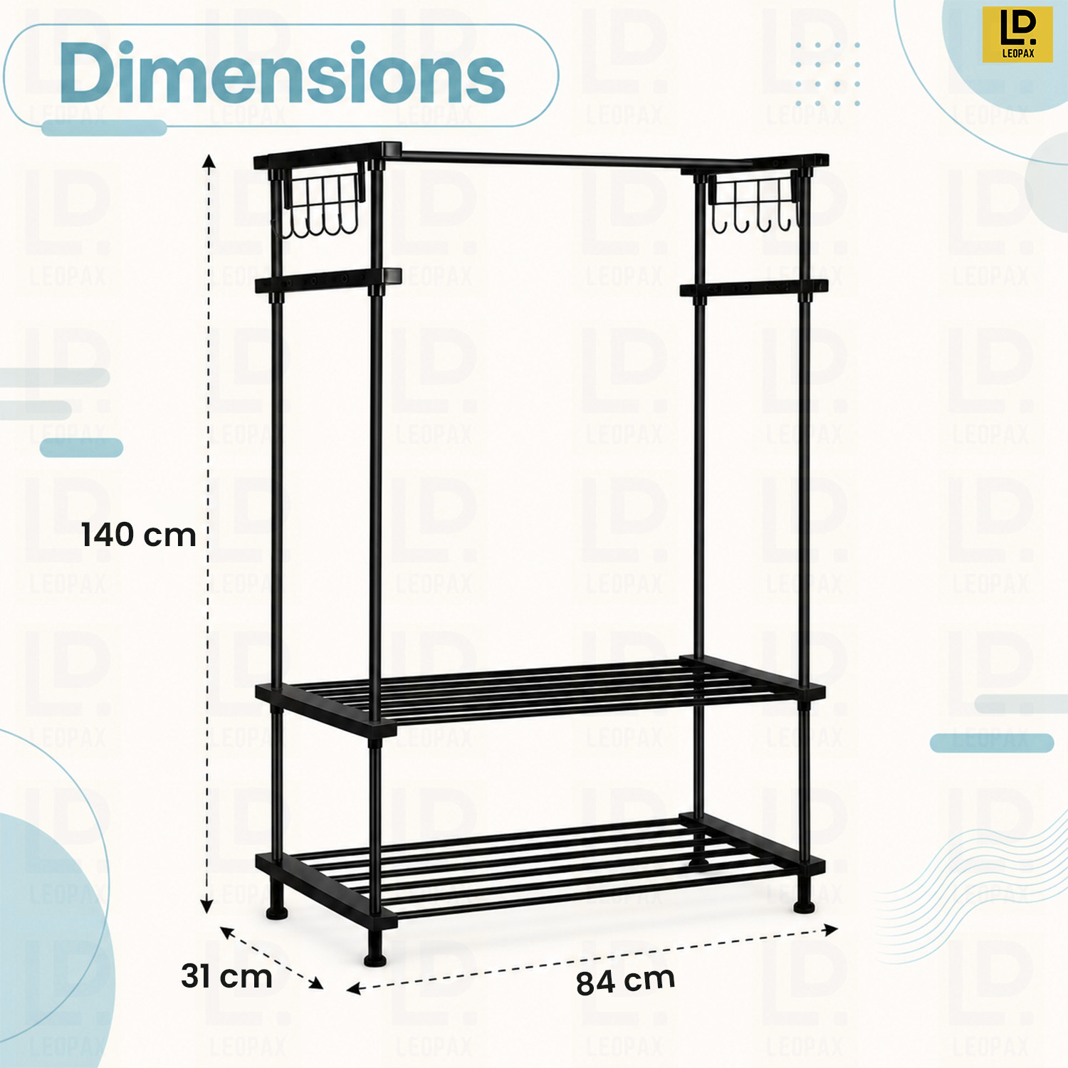 Image of LEOPAX Aluminium Floor Cloth Dryer Stand Heavy Duty Metal Garment Rail with 8 Hooks for Bedroom, Living Room and Entryway