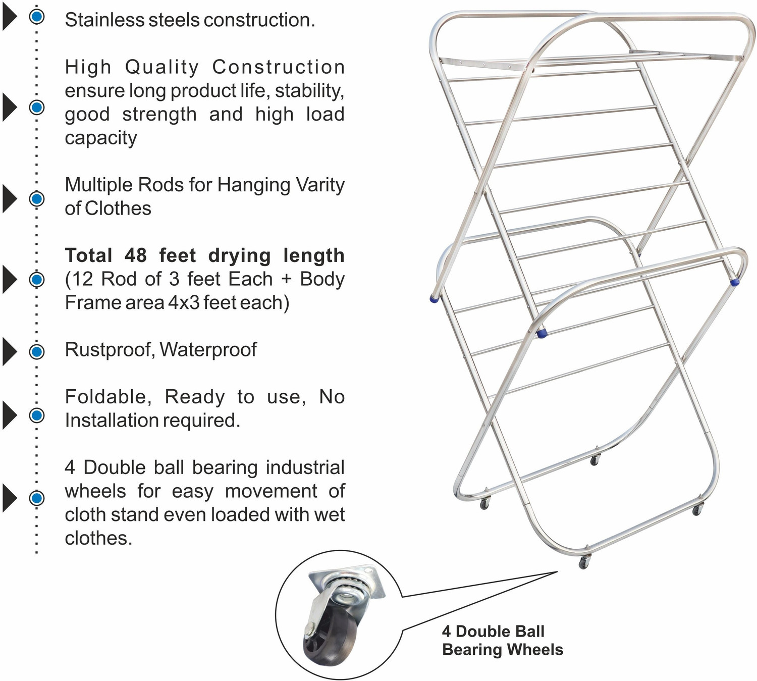 Image of Familia Steel Floor Cloth Dryer Stand Heavy Duty Stainless Steel Foldable Clothes Drying Stand with Wheels (CSW (19mm)